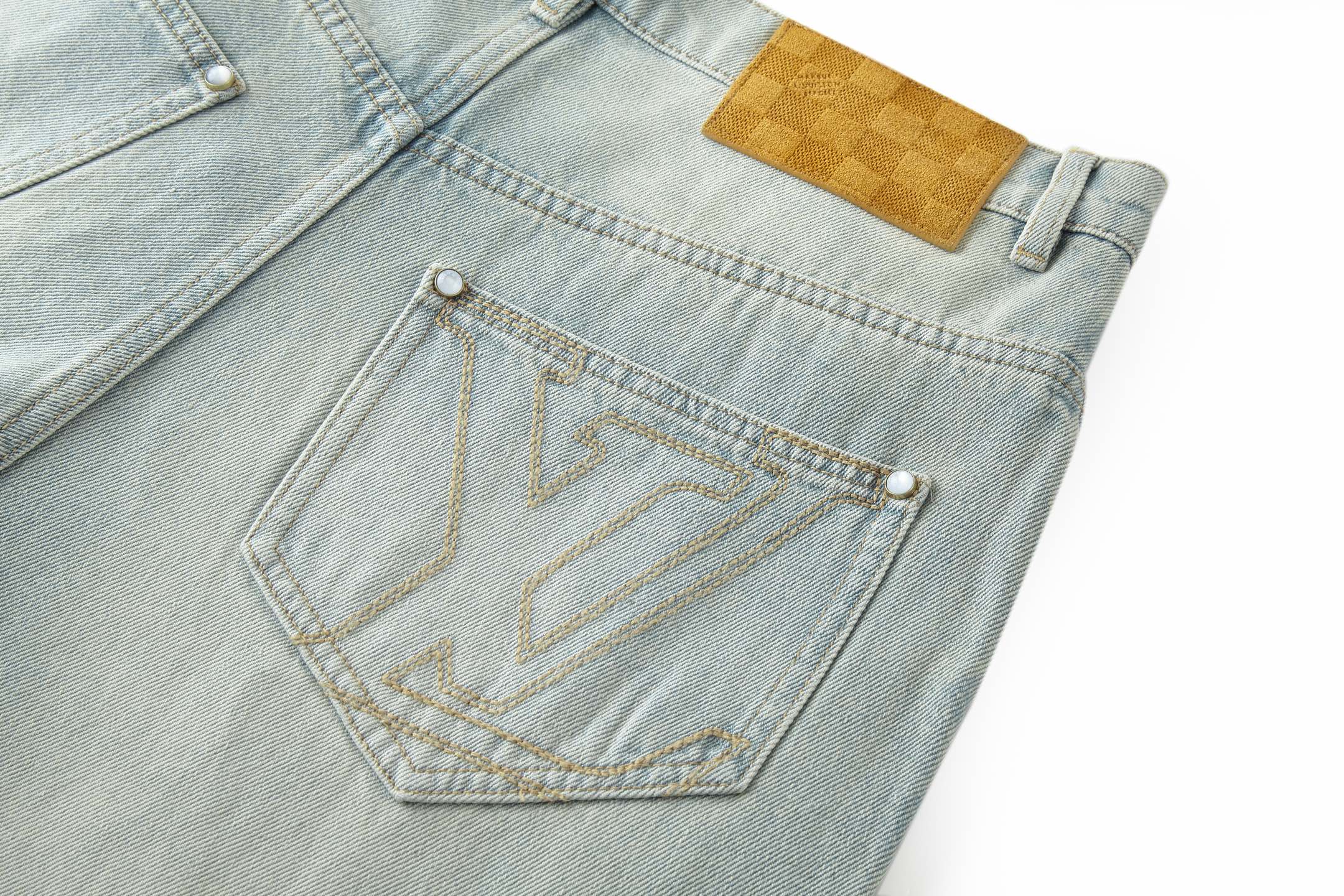 LOUIS VUITTON 路易威登 LV 麂皮皮牌口袋字母刺绣牛仔裤 裤子 长裤 蓝色 B0