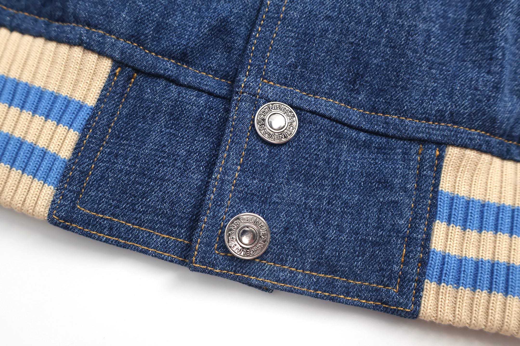 CELINE 赛琳 水洗牛仔拼皮字母logo单排扣棒球服 夹克 外套 长袖 蓝色 C0 RV0KB789D-08TI