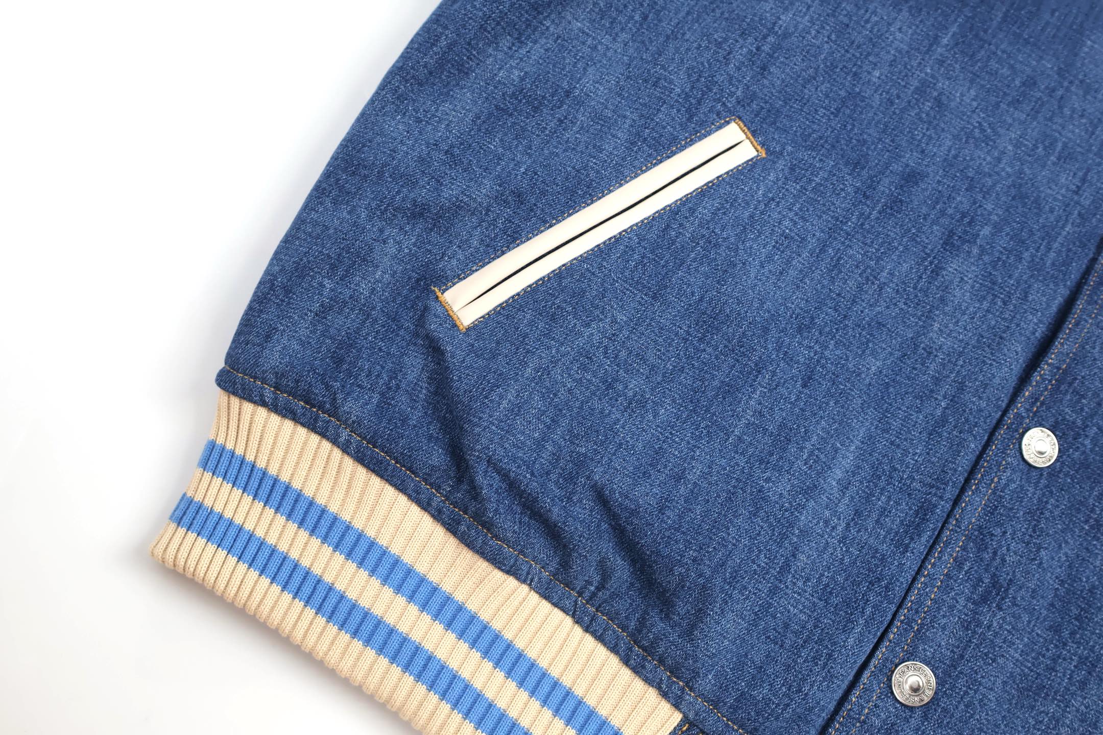 CELINE 赛琳 水洗牛仔拼皮字母logo单排扣棒球服 夹克 外套 长袖 蓝色 C0 RV0KB789D-08TI