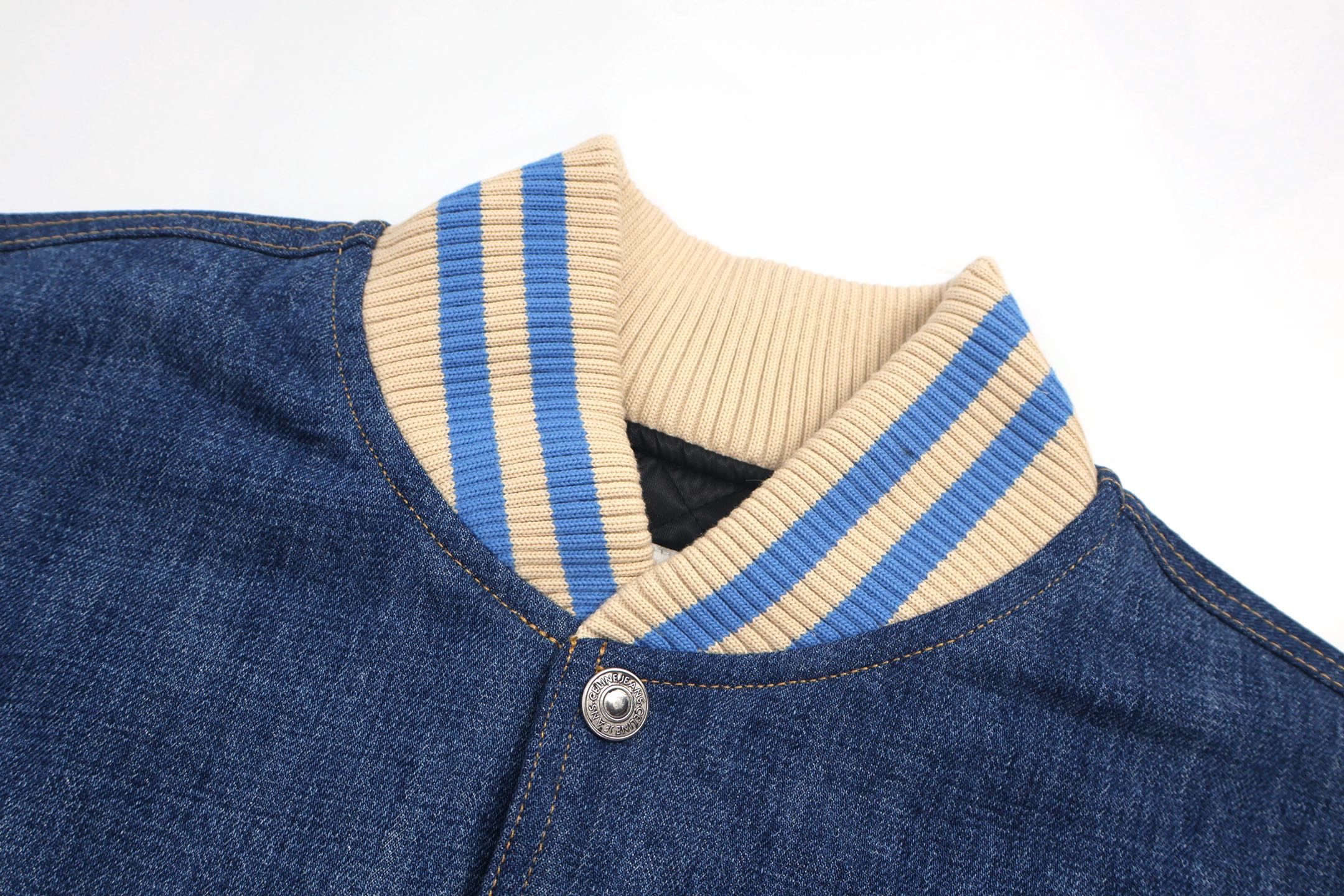 CELINE 赛琳 水洗牛仔拼皮字母logo单排扣棒球服 夹克 外套 长袖 蓝色 C0 RV0KB789D-08TI