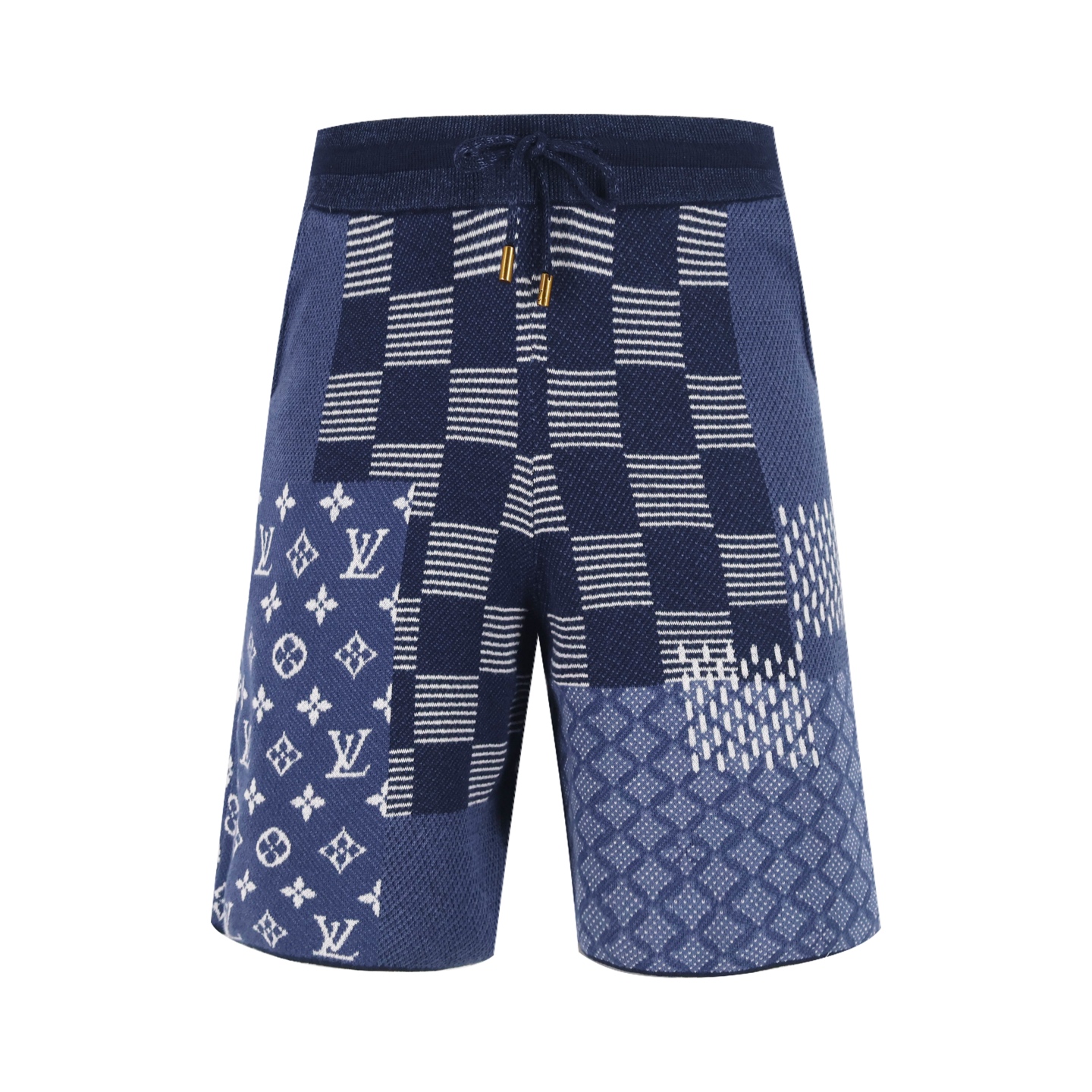 LOUIS VUITTON 路易威登 LV Nigo联名款 棋盘格拼接字母logo毛织松紧腰抽绳短裤 休闲裤 裤子 蓝色 A5 1AIMC2