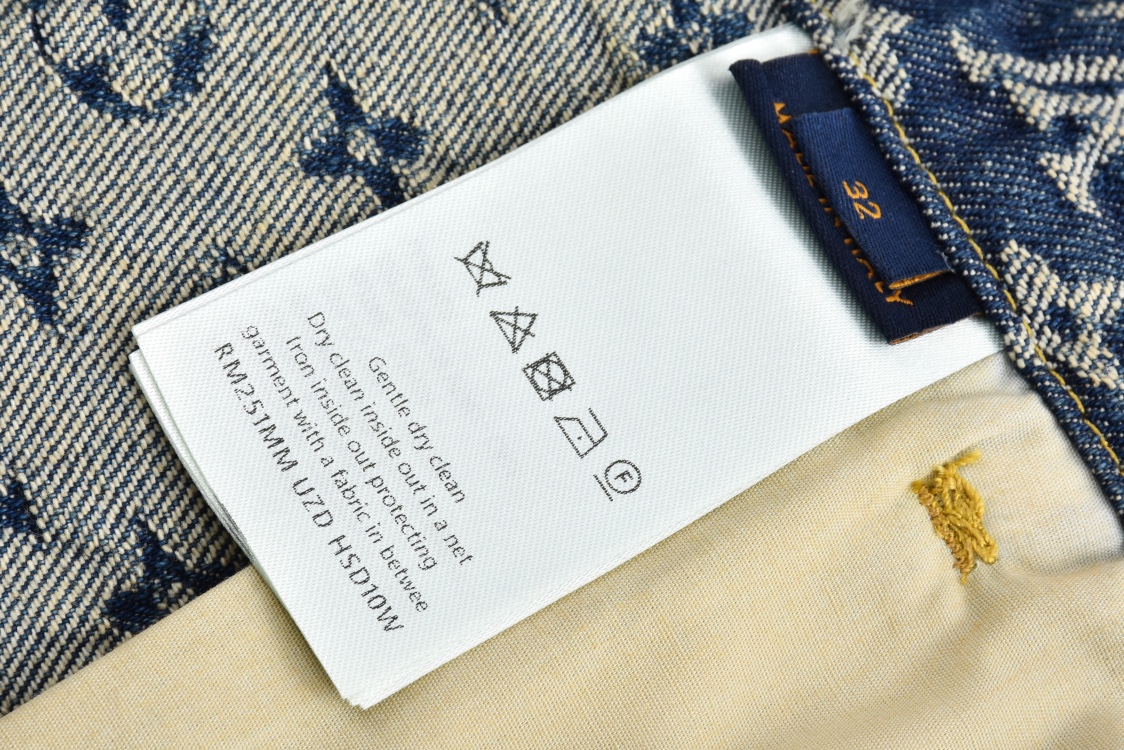 LOUIS VUITTON FW24 路易威登 LV 提花满印皮边直筒牛仔裤 裤子 长裤 蓝色 B0 1AGIV1