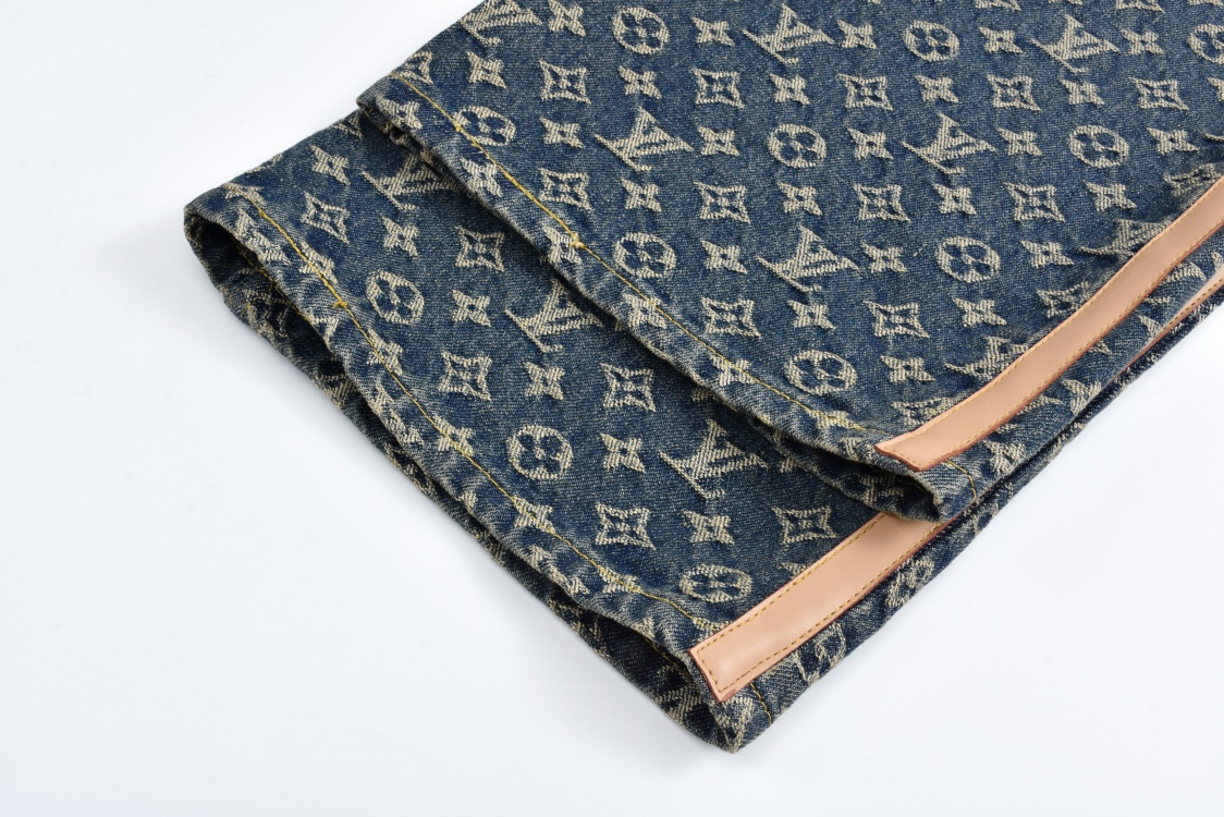LOUIS VUITTON FW24 路易威登 LV 提花满印皮边直筒牛仔裤 裤子 长裤 蓝色 B0 1AGIV1