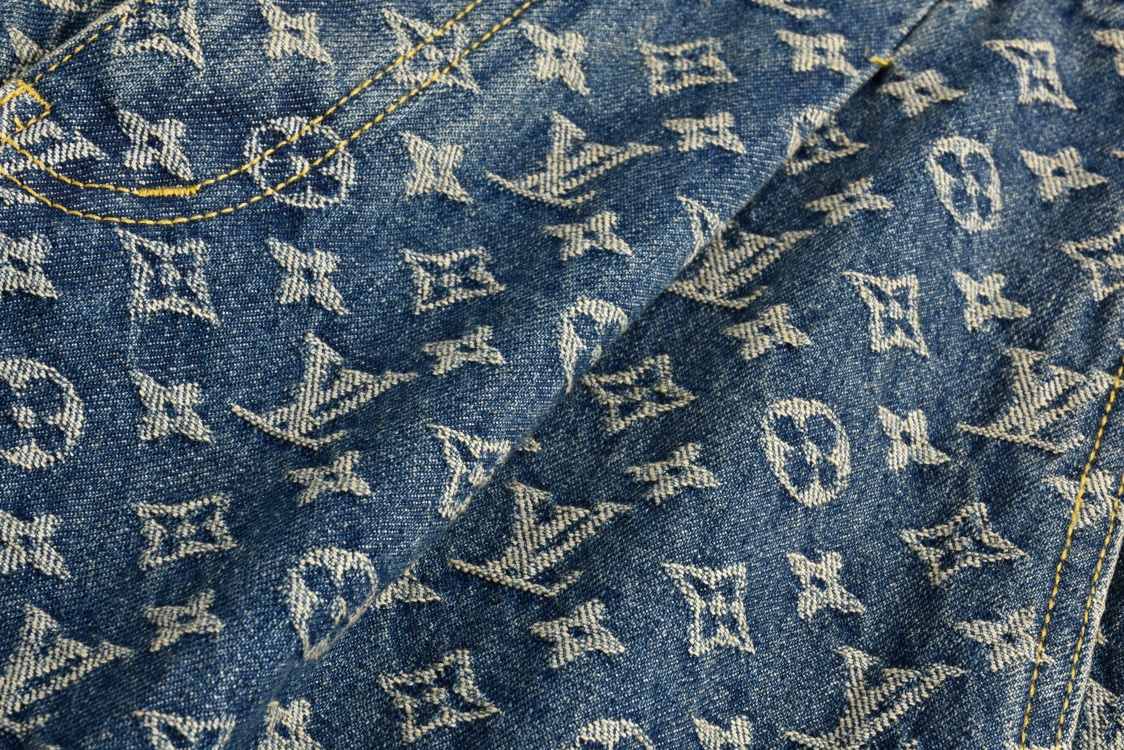 LOUIS VUITTON FW24 路易威登 LV 提花满印皮边直筒牛仔裤 裤子 长裤 蓝色 B0 1AGIV1