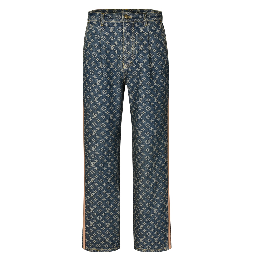 LOUIS VUITTON FW24 路易威登 LV 提花满印皮边直筒牛仔裤 裤子 长裤 蓝色 B0 1AGIV1