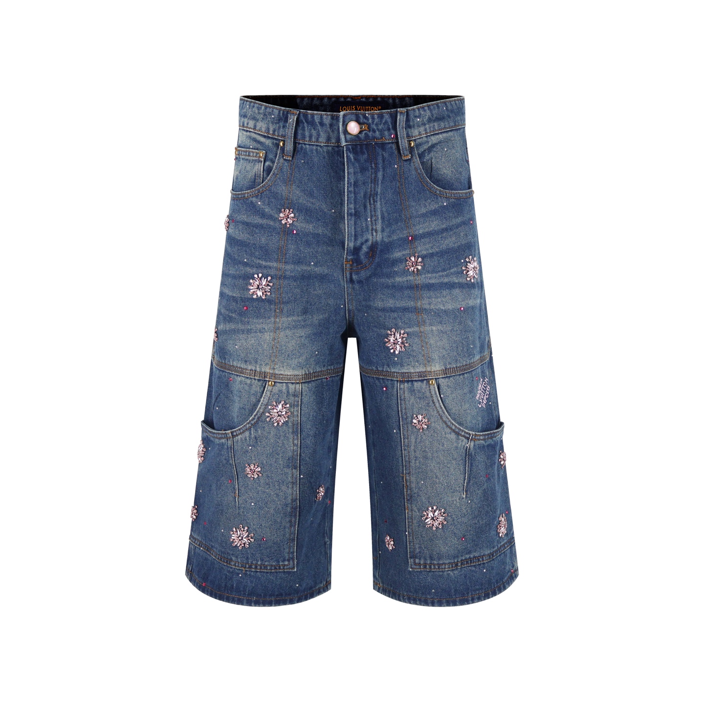LOUIS VUITTON 路易威登 LV Nigo联名款 樱花水钻刺绣字母logo牛仔裤 七分裤 短裤  裤子 蓝色 C0 1AILTT