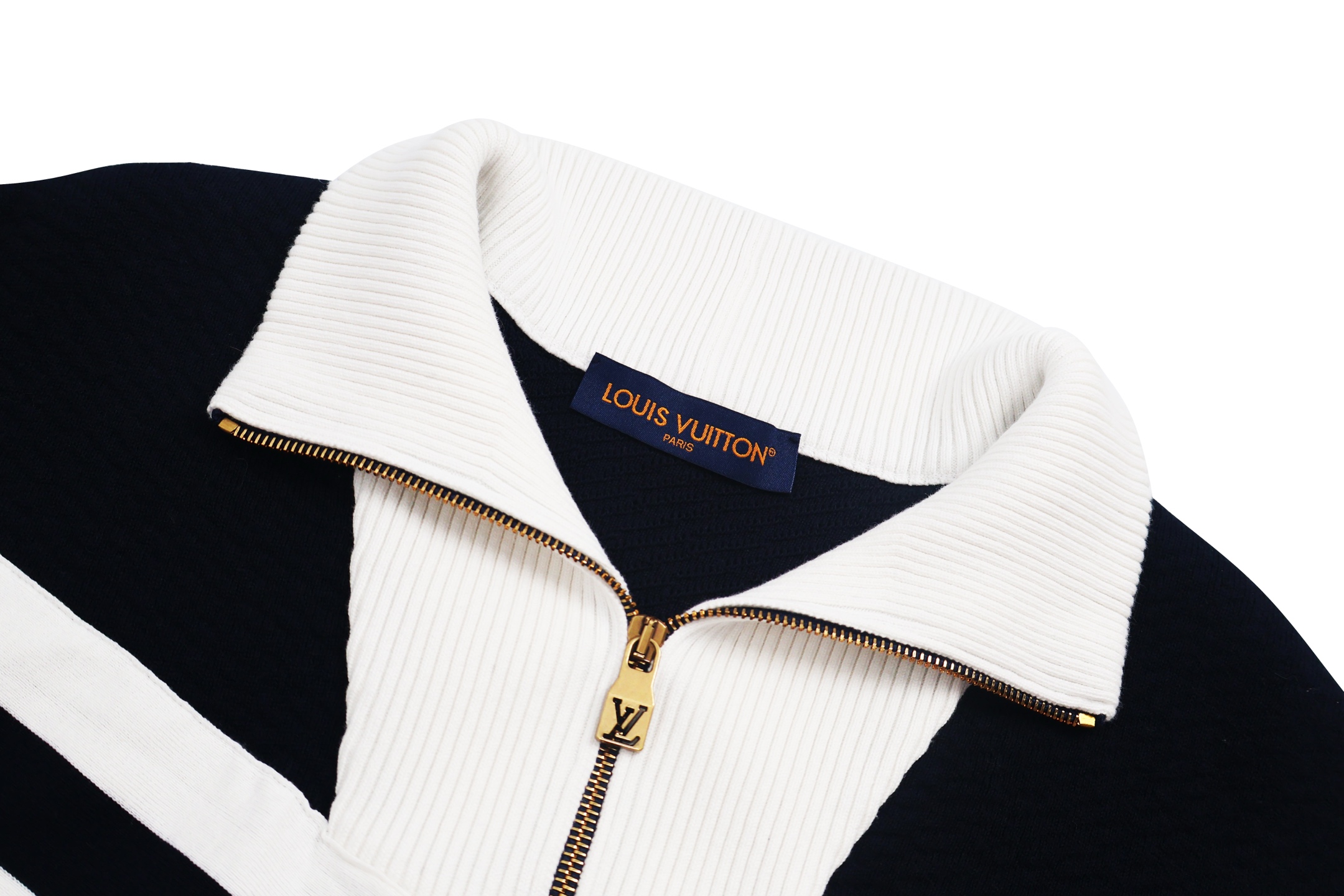 LOUIS VUITTON 路易威登 拼色条纹立领拉链针织外套 夹克 长袖 白色 藏蓝色 1AFQP