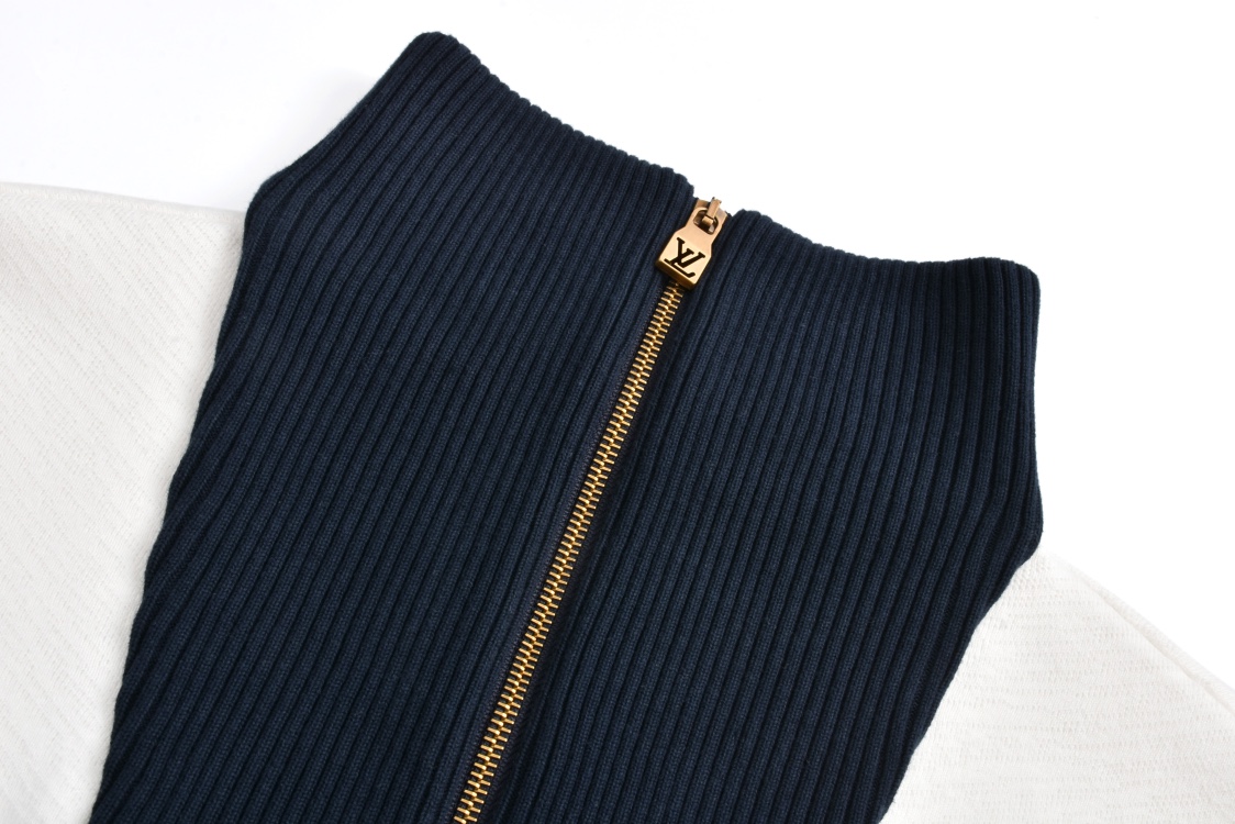 LOUIS VUITTON 路易威登 拼色条纹立领拉链针织外套 夹克 长袖 白色 藏蓝色 1AFQP