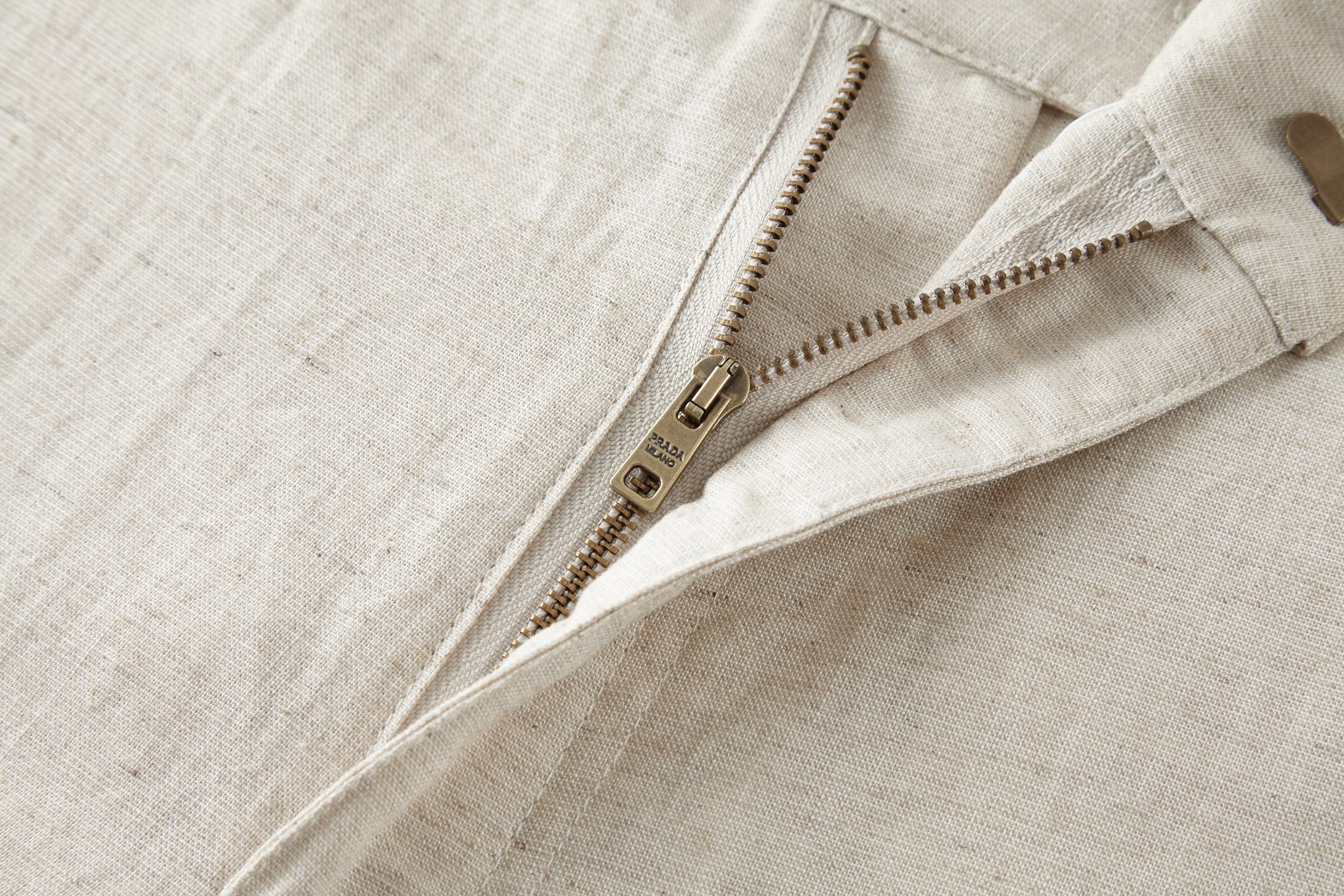 PRADA 普拉达 口袋钢标棉麻长裤 休闲裤 裤子 米白色 B0