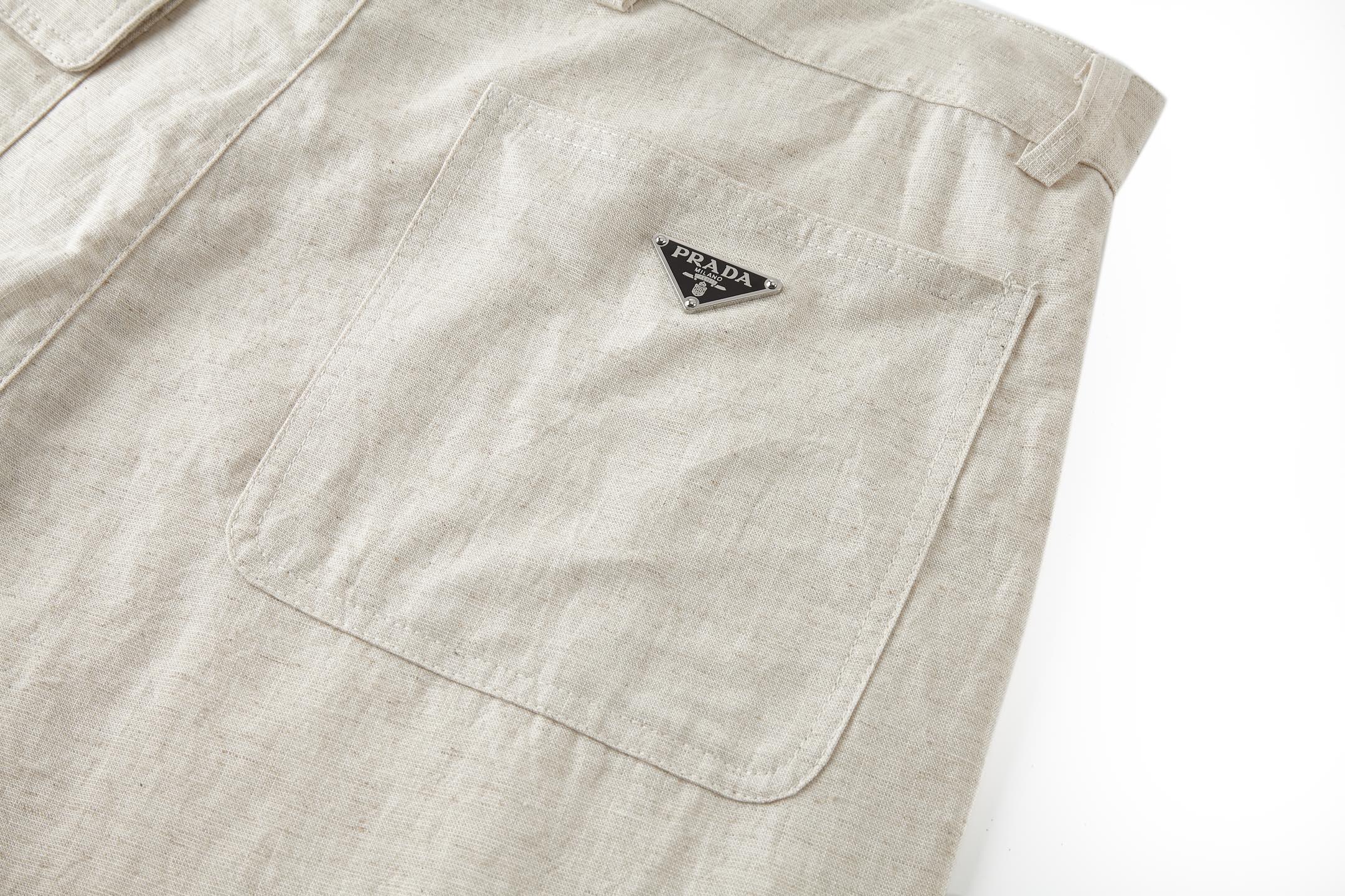 PRADA 普拉达 口袋钢标棉麻长裤 休闲裤 裤子 米白色 B0