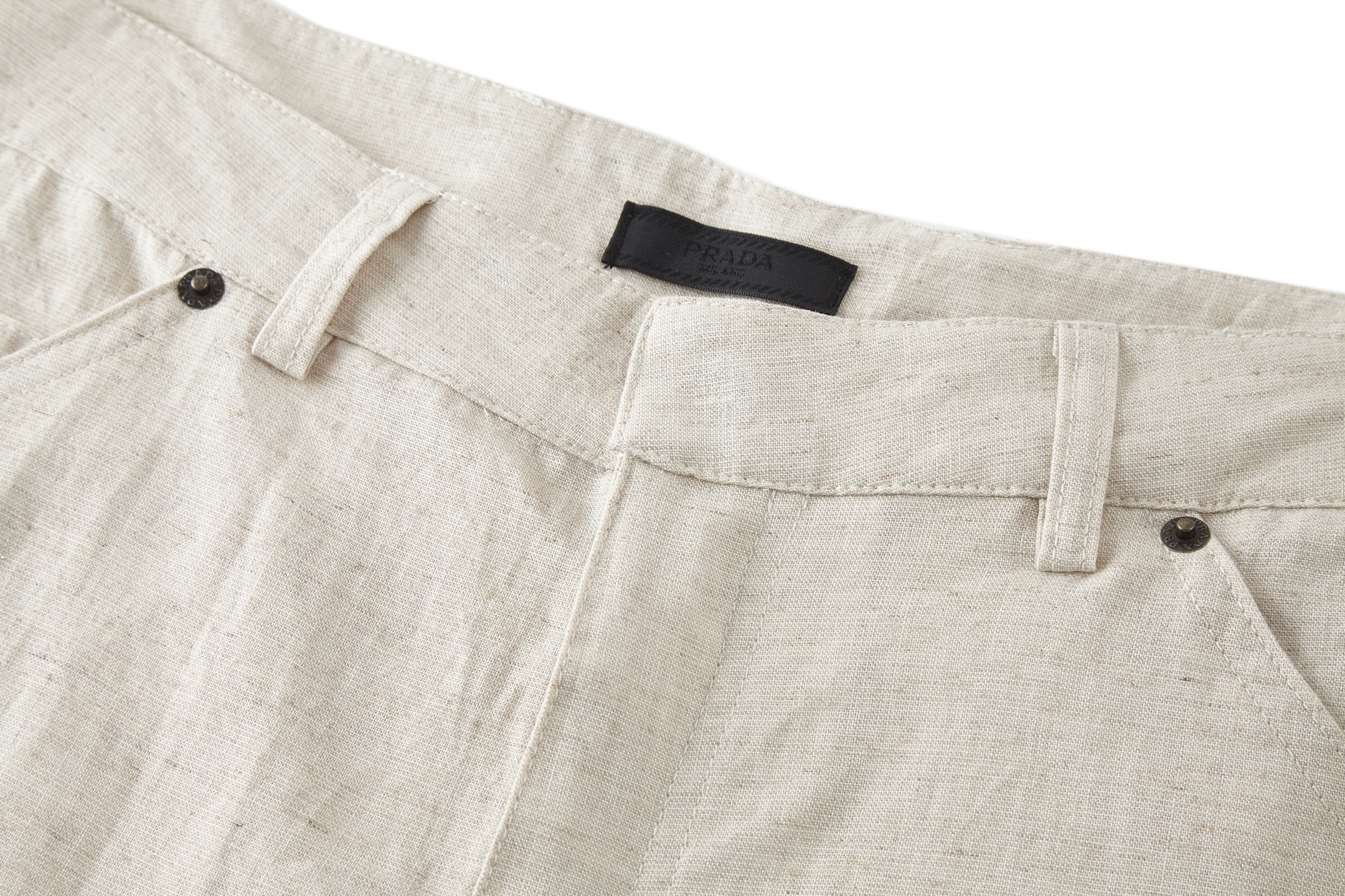 PRADA 普拉达 口袋钢标棉麻长裤 休闲裤 裤子 米白色 B0