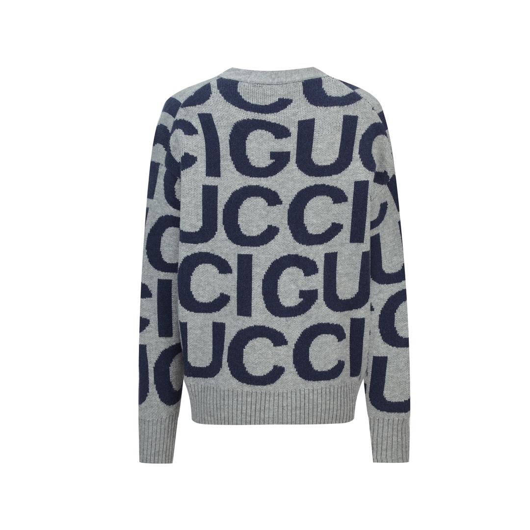 GUCCl 古驰 大G提花 V领开衫 毛衣 外套 长袖 灰色 B0 771707-XKDLV-1140