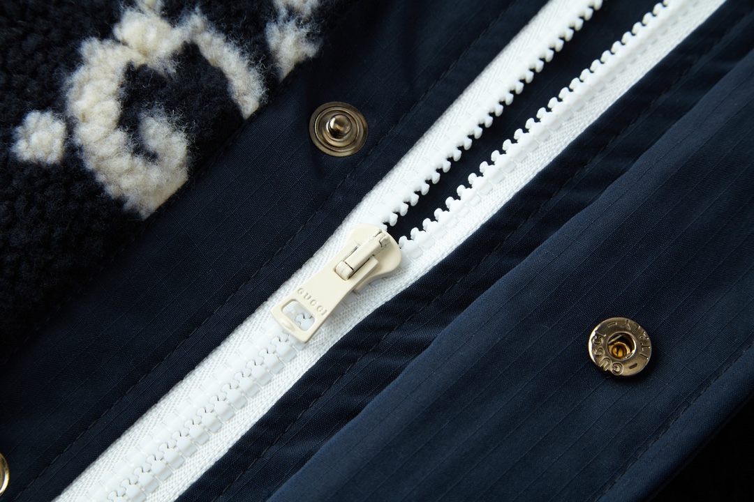 GUCCl 古驰 满印毛绒拉链连帽夹克 外套 长袖 深蓝色 C0 771121-XJF4D-4100
