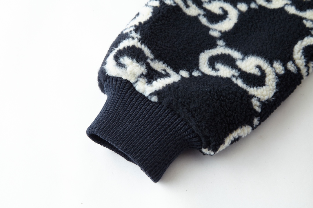 GUCCl 古驰 满印毛绒拉链连帽夹克 外套 长袖 深蓝色 C0 771121-XJF4D-4100