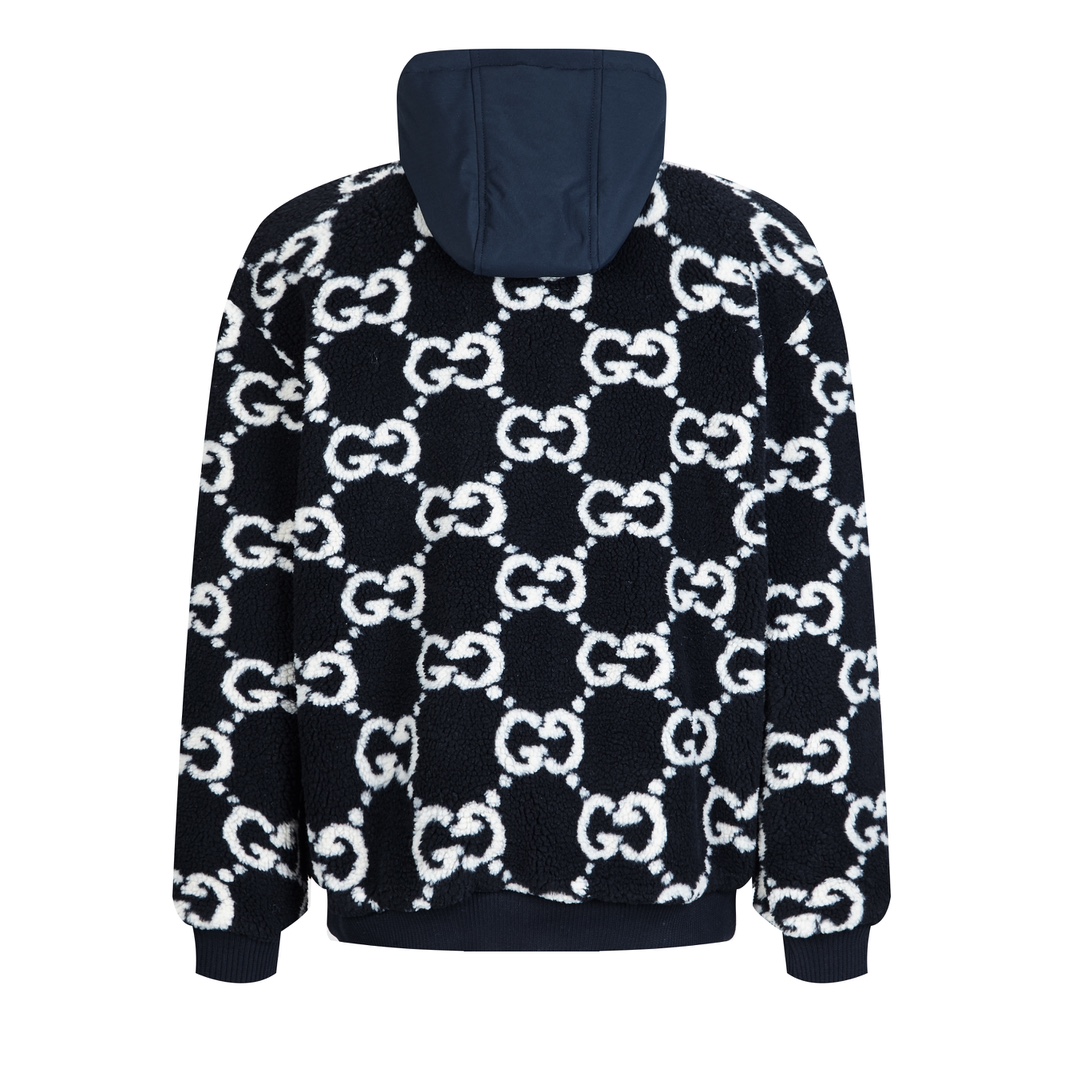 GUCCl 古驰 满印毛绒拉链连帽夹克 外套 长袖 深蓝色 C0 771121-XJF4D-4100