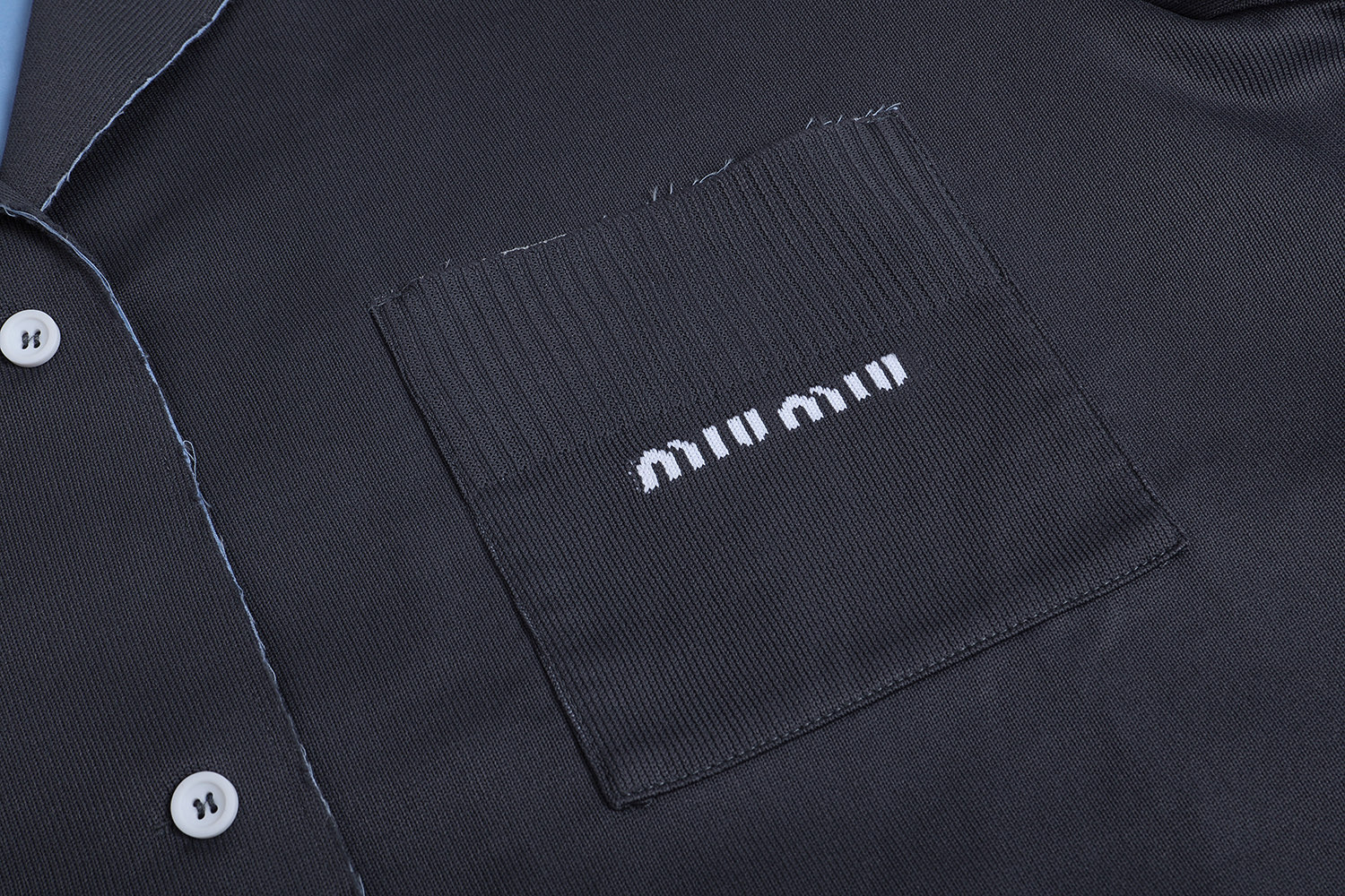 MIU MIU 缪缪 拼接假两件翻领针织开衫 衬衫 外套 长袖 白色 蓝色 MK1890-15Q9-F022X-S-OOO