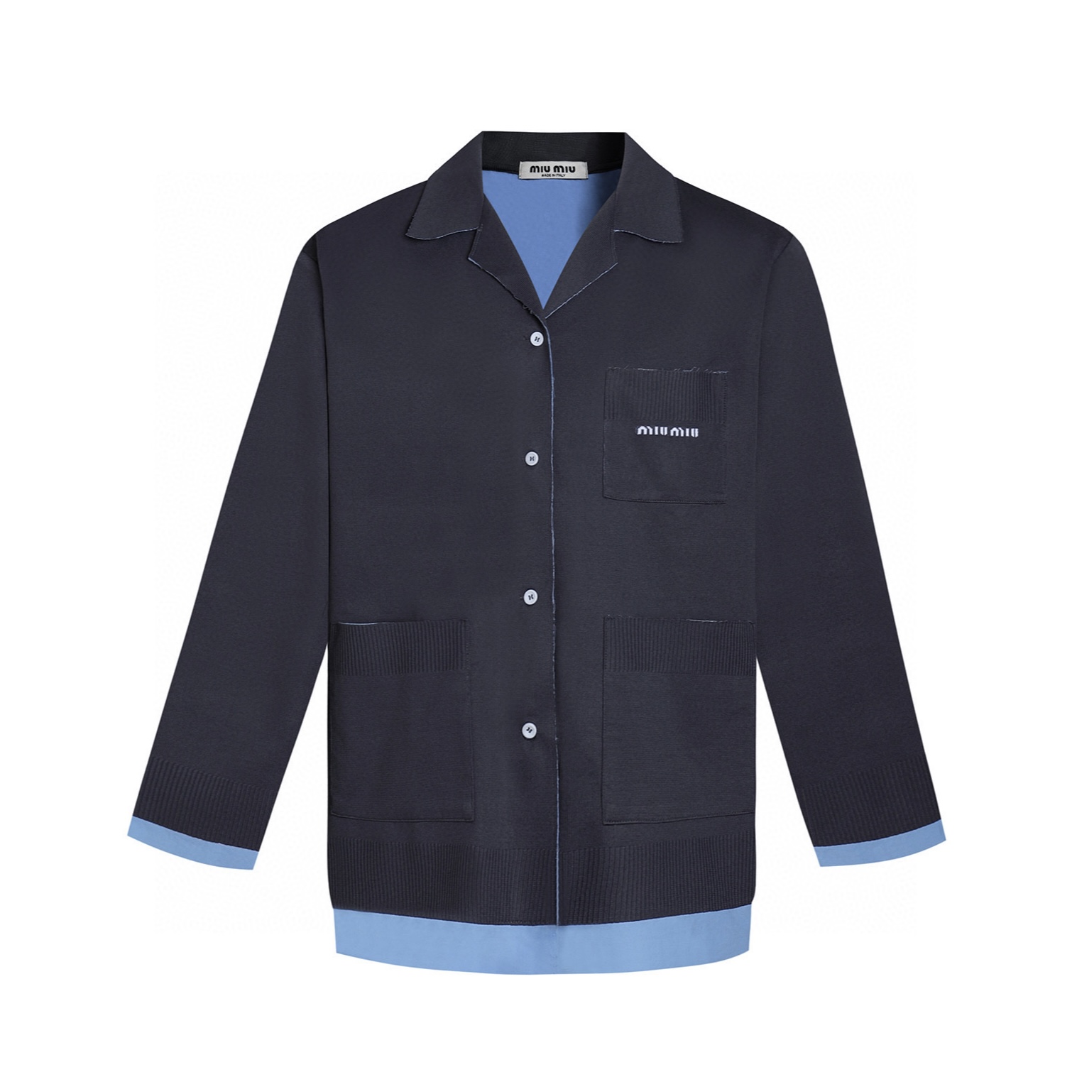MIU MIU 缪缪 拼接假两件翻领针织开衫 衬衫 外套 长袖 白色 蓝色 MK1890-15Q9-F022X-S-OOO