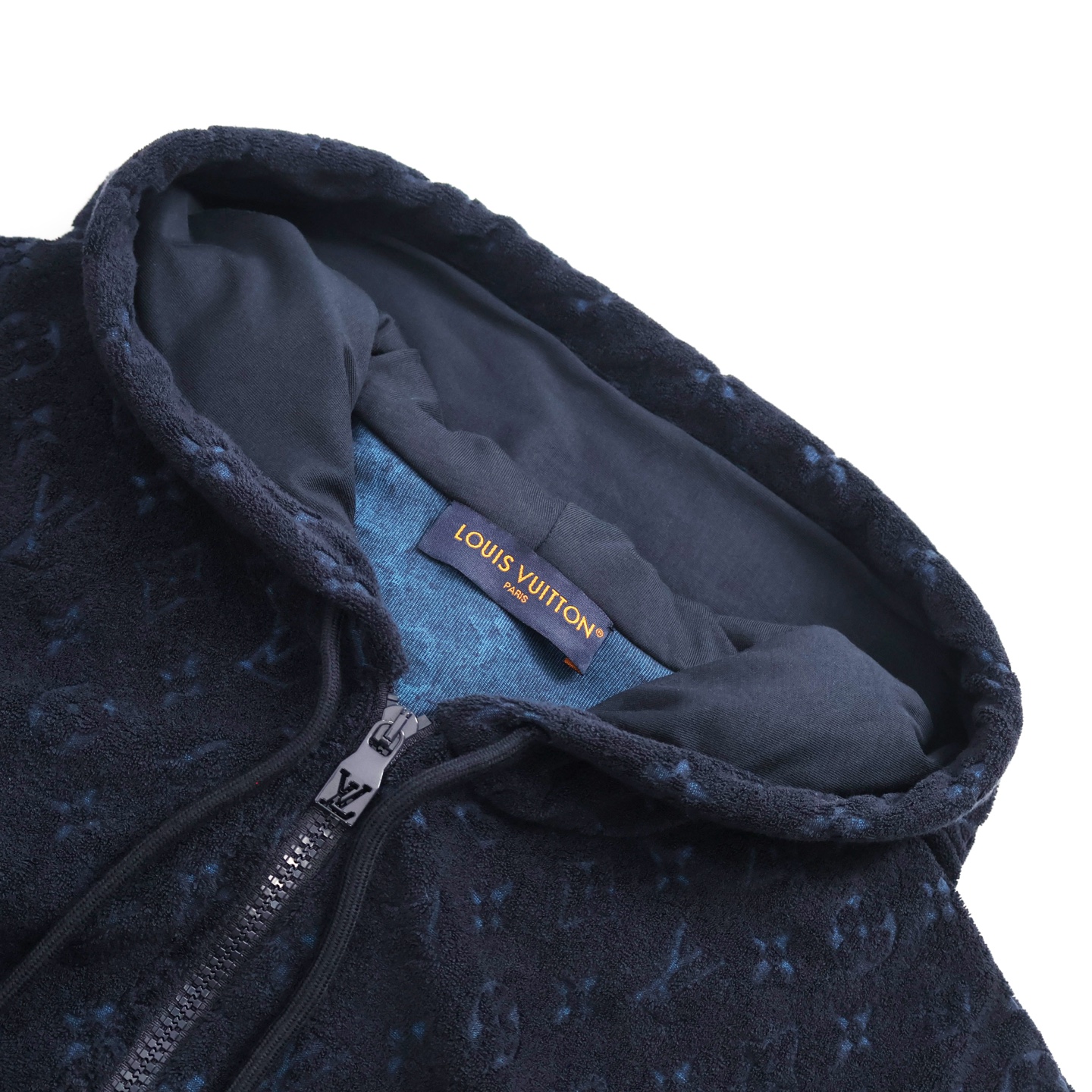 LOUIS VUITTON 路易威登 暗纹毛巾棉老花拉链连帽卫衣 外套 夹克 长袖 藏蓝色 B0 1AHUWY