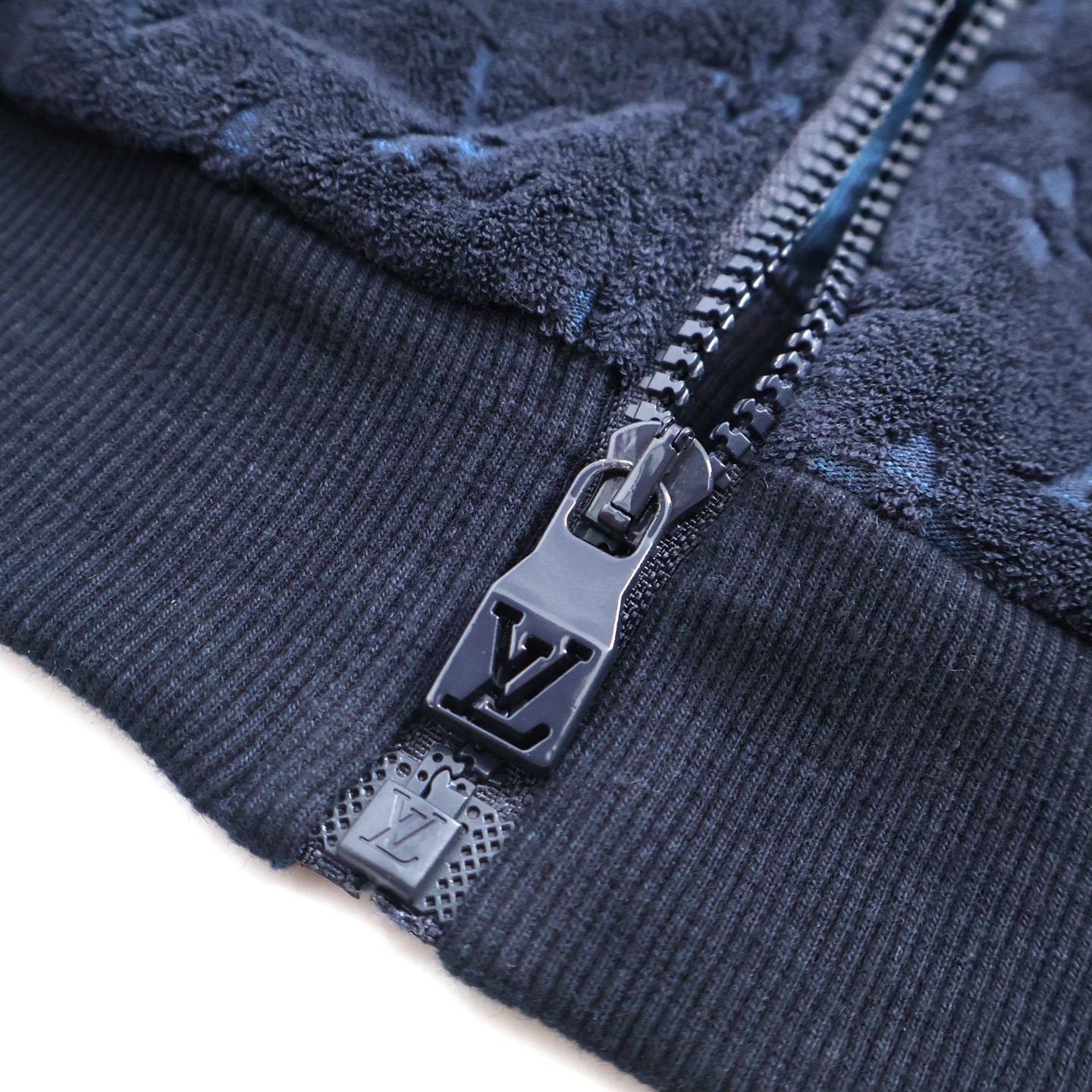 LOUIS VUITTON 路易威登 暗纹毛巾棉老花拉链连帽卫衣 外套 夹克 长袖 藏蓝色 B0 1AHUWY