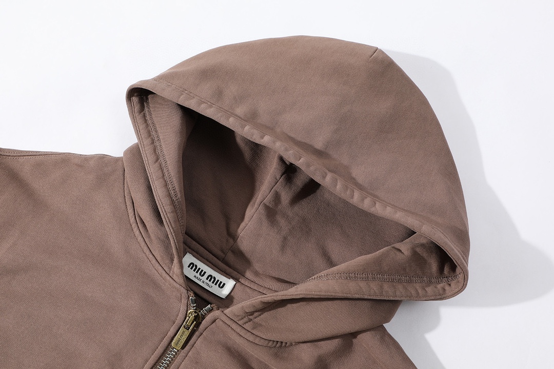 MIU MIU 缪缪 绣布拉链连帽卫衣 外套 长袖 棕色 B0 MJL063-159B-F0324-S-OOO