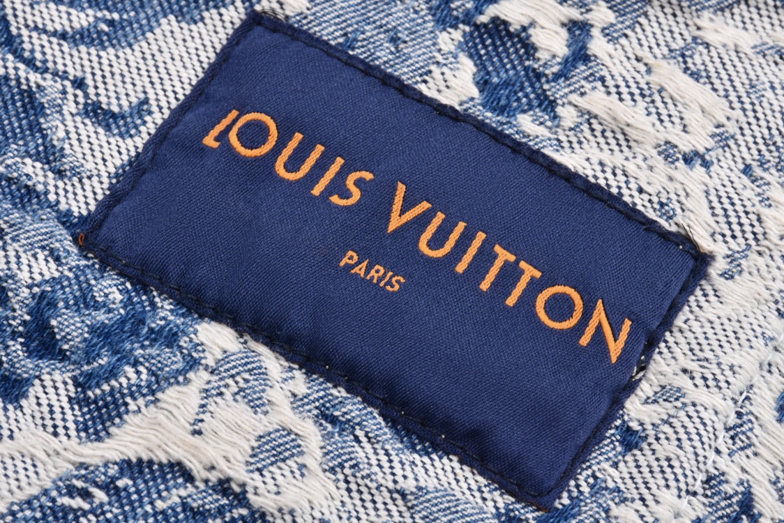 LOUIS VUITTON 路易威登 破坏流苏花卉满印 牛仔外套 牛仔衣 上衣 夹克 蓝色 C0 1AAGR6