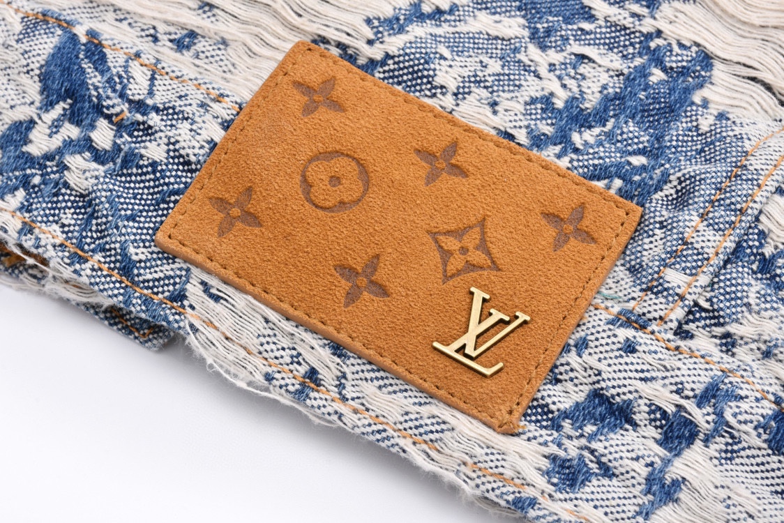 LOUIS VUITTON 路易威登 破坏流苏花卉满印 牛仔外套 牛仔衣 上衣 夹克 蓝色 C0 1AAGR6