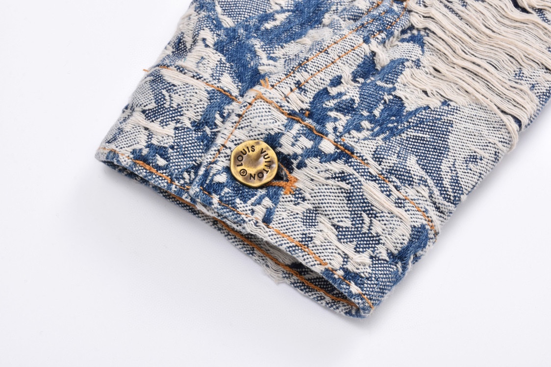 LOUIS VUITTON 路易威登 破坏流苏花卉满印 牛仔外套 牛仔衣 上衣 夹克 蓝色 C0 1AAGR6