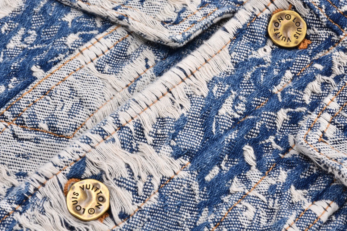 LOUIS VUITTON 路易威登 破坏流苏花卉满印 牛仔外套 牛仔衣 上衣 夹克 蓝色 C0 1AAGR6