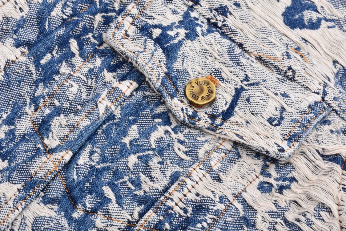 LOUIS VUITTON 路易威登 破坏流苏花卉满印 牛仔外套 牛仔衣 上衣 夹克 蓝色 C0 1AAGR6