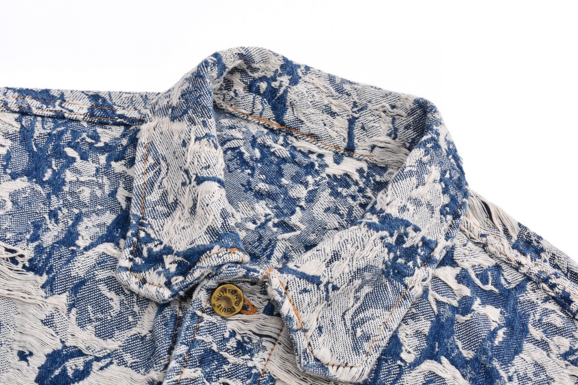LOUIS VUITTON 路易威登 破坏流苏花卉满印 牛仔外套 牛仔衣 上衣 夹克 蓝色 C0 1AAGR6