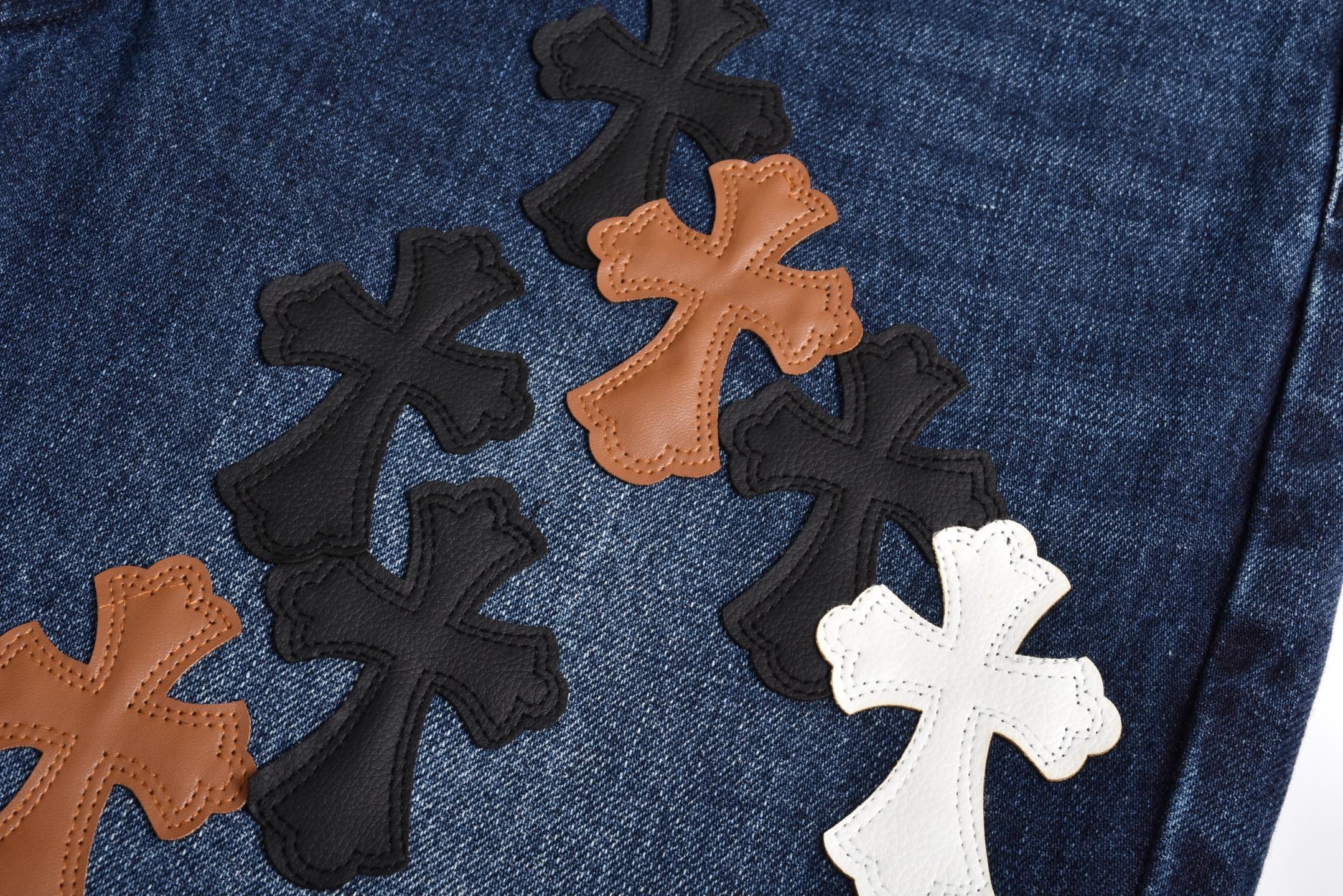 Chrome Hearts 克罗心 火焰十字架贴皮牛仔裤 裤子 长裤 蓝色 黑灰色 C0