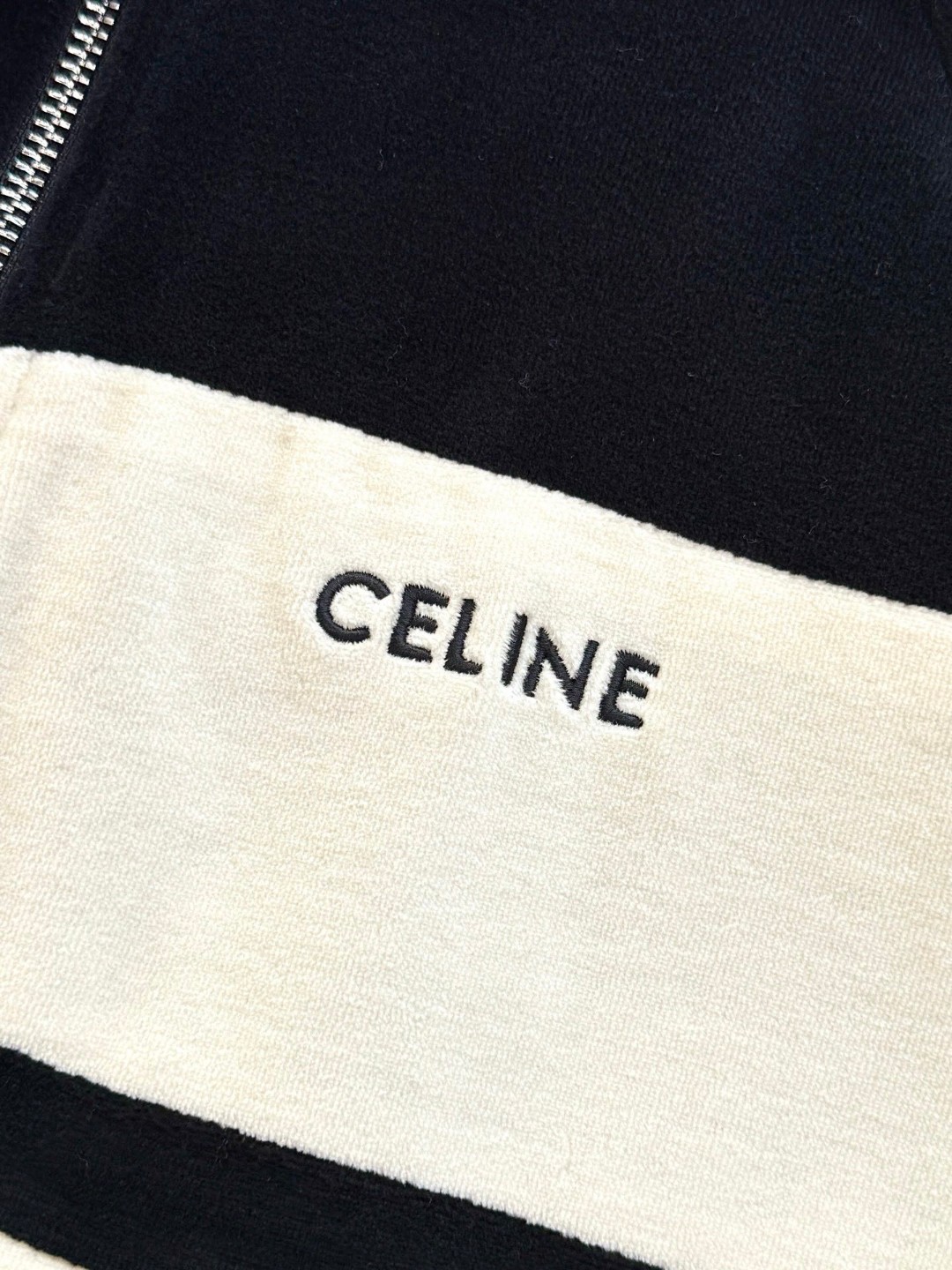 CELINE 赛琳 字母刺绣拼接条纹丝绒拉链外套 夹克 长袖 黑色 C5 RV0GB748Q-38AW