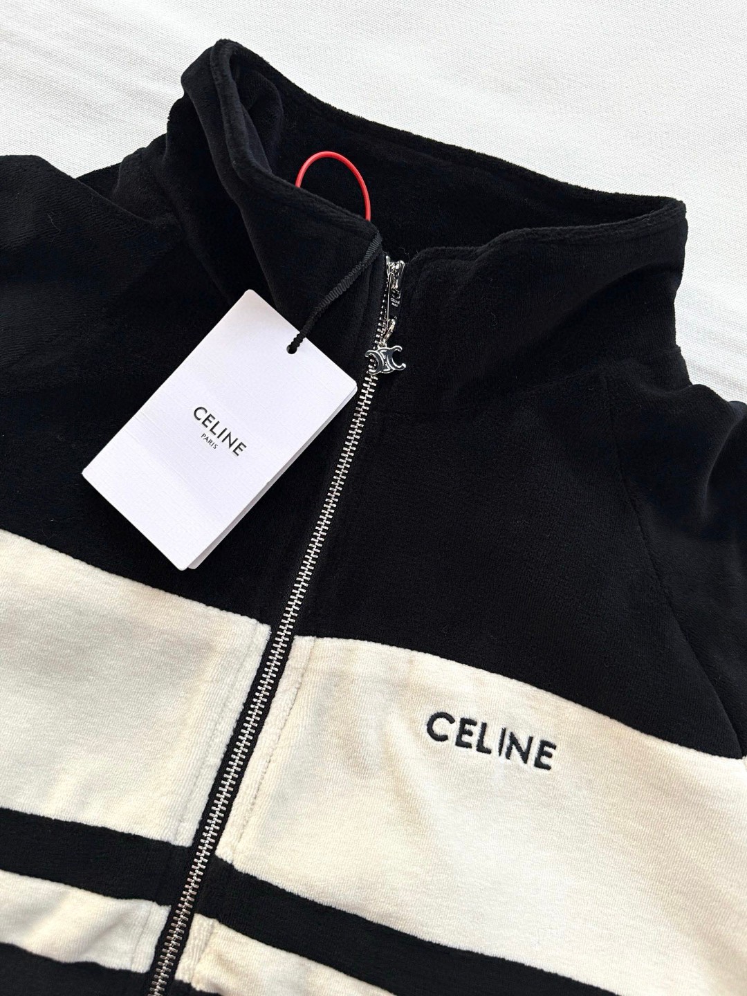 CELINE 赛琳 字母刺绣拼接条纹丝绒拉链外套 夹克 长袖 黑色 C5 RV0GB748Q-38AW