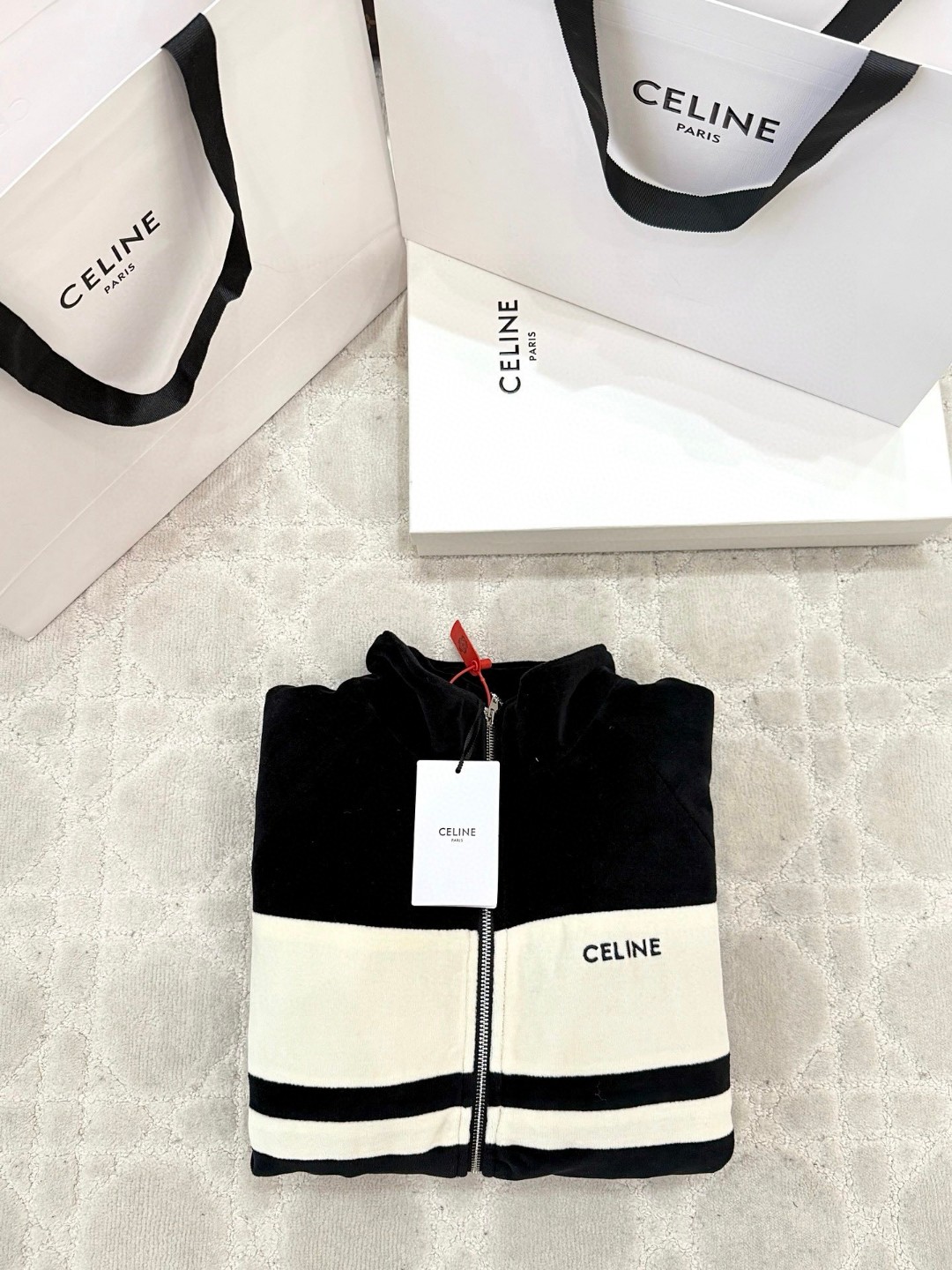 CELINE 赛琳 字母刺绣拼接条纹丝绒拉链外套 夹克 长袖 黑色 C5 RV0GB748Q-38AW