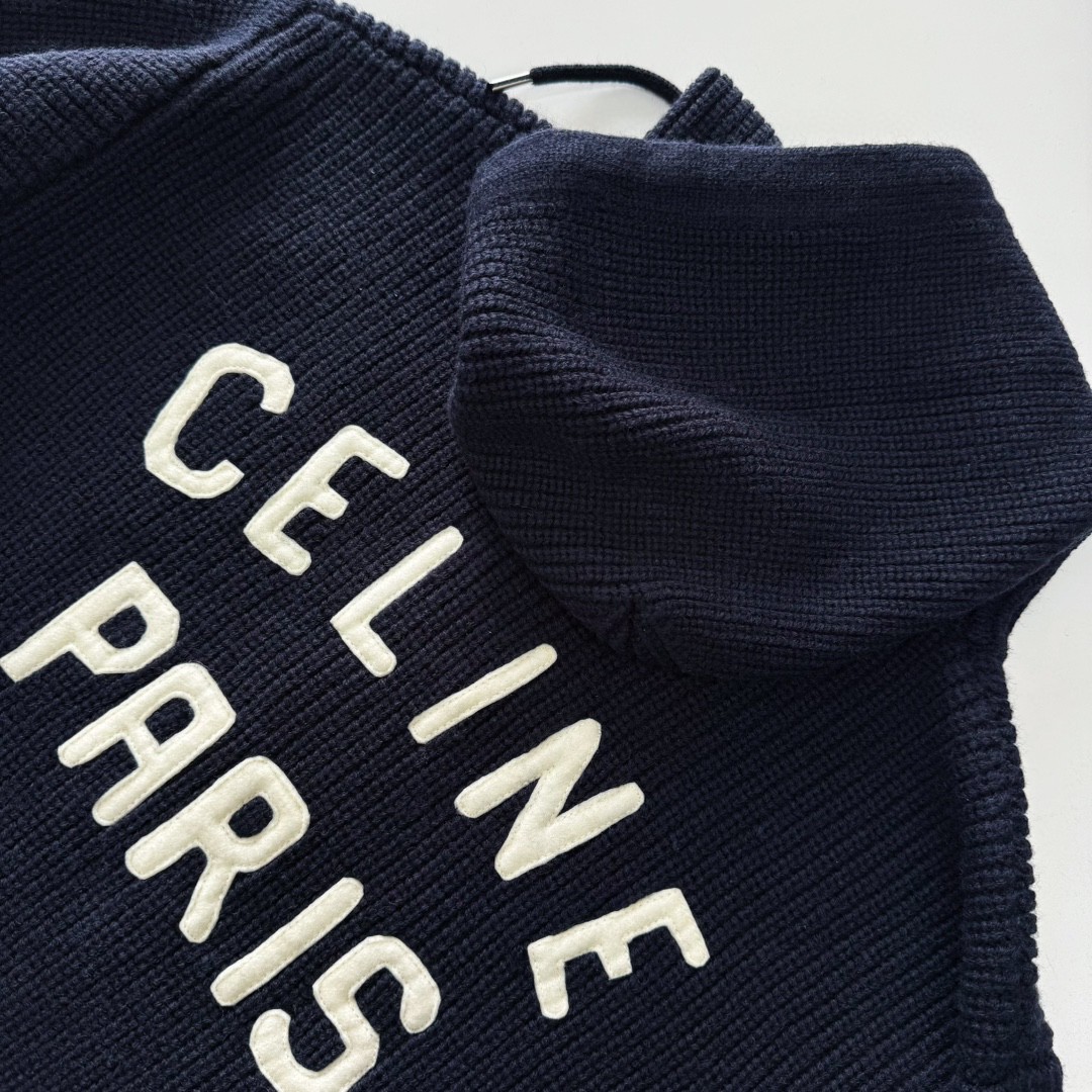 CELINE 赛琳 章仔羊毛拉链连帽针织外套 毛衣 长袖 海军蓝 D5 RV00V830I-07MR