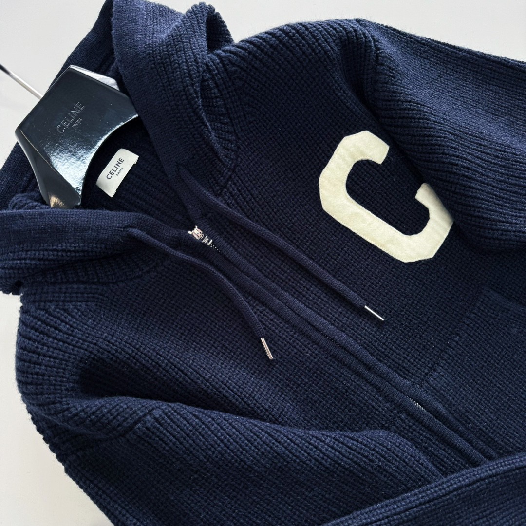 CELINE 赛琳 章仔羊毛拉链连帽针织外套 毛衣 长袖 海军蓝 D5 RV00V830I-07MR