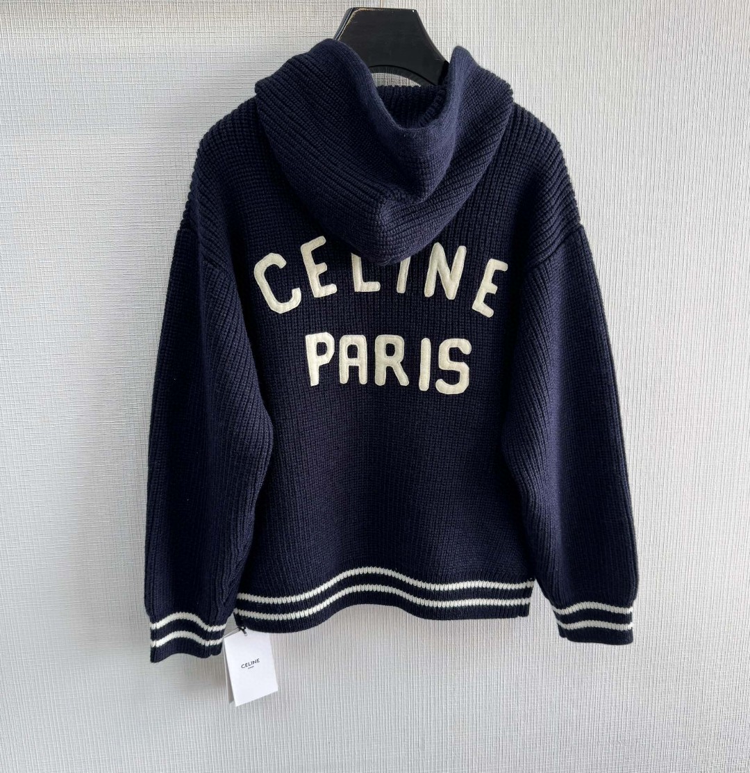 CELINE 赛琳 章仔羊毛拉链连帽针织外套 毛衣 长袖 海军蓝 D5 RV00V830I-07MR