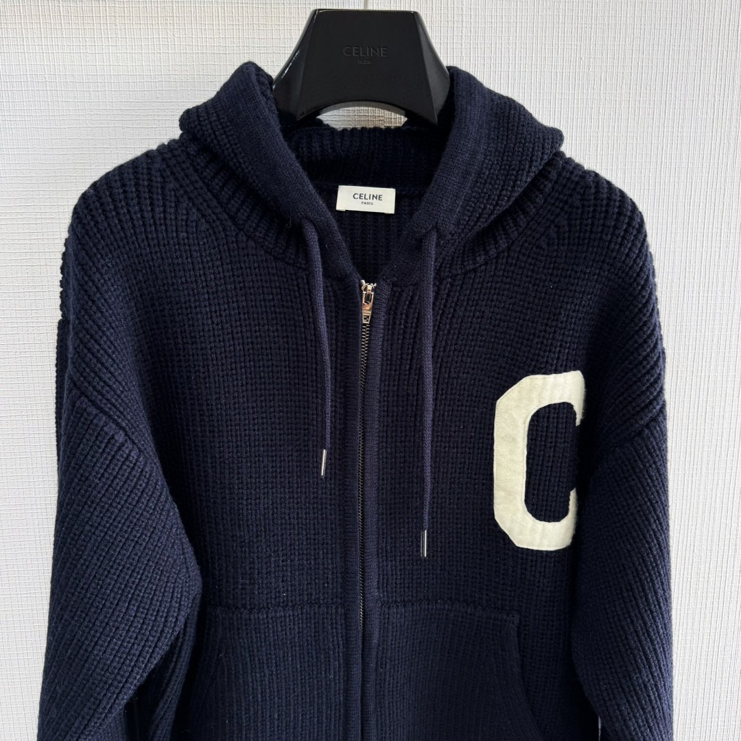 CELINE 赛琳 章仔羊毛拉链连帽针织外套 毛衣 长袖 海军蓝 D5 RV00V830I-07MR