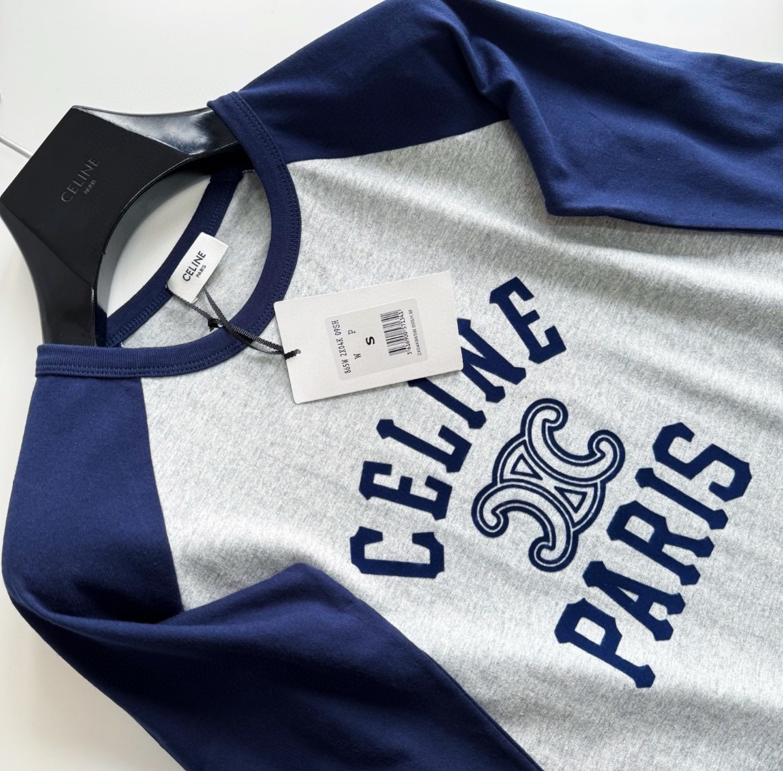 CELINE 赛琳 凯旋门植绒拼接T恤 打底衫 长袖 蓝灰色 A5 2X04K865W-09SH