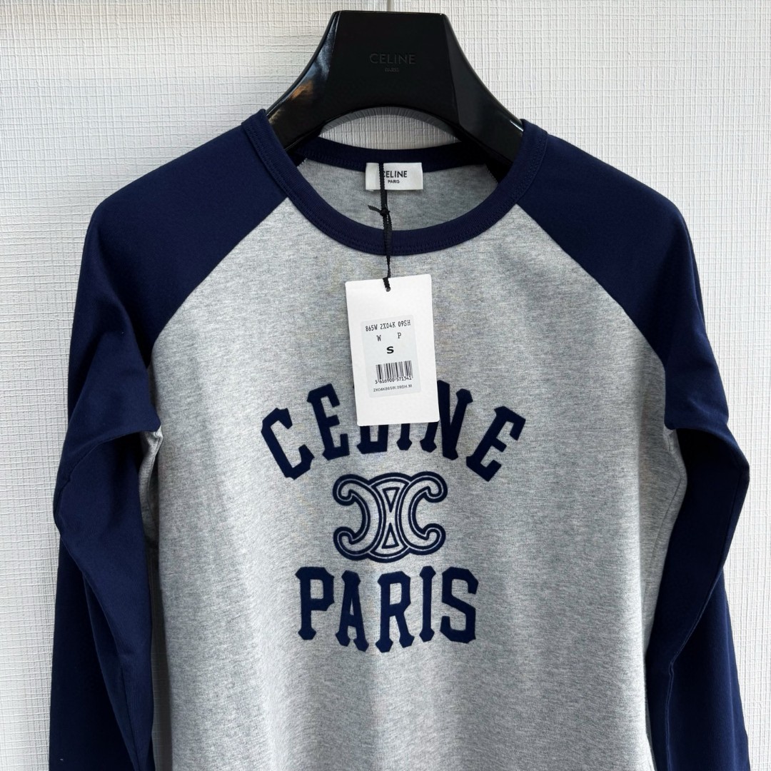 CELINE 赛琳 凯旋门植绒拼接T恤 打底衫 长袖 蓝灰色 A5 2X04K865W-09SH