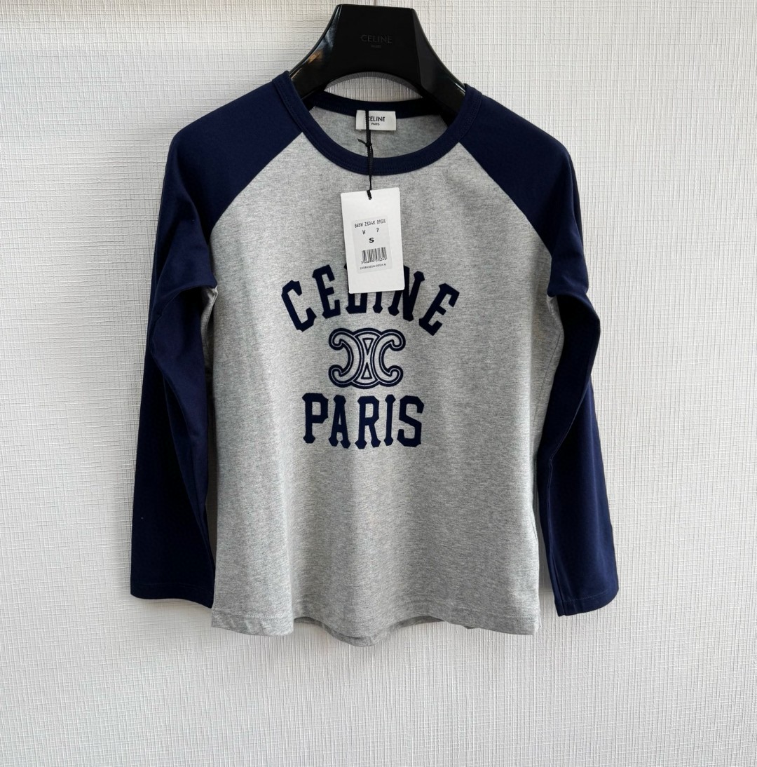 CELINE 赛琳 凯旋门植绒拼接T恤 打底衫 长袖 蓝灰色 A5 2X04K865W-09SH