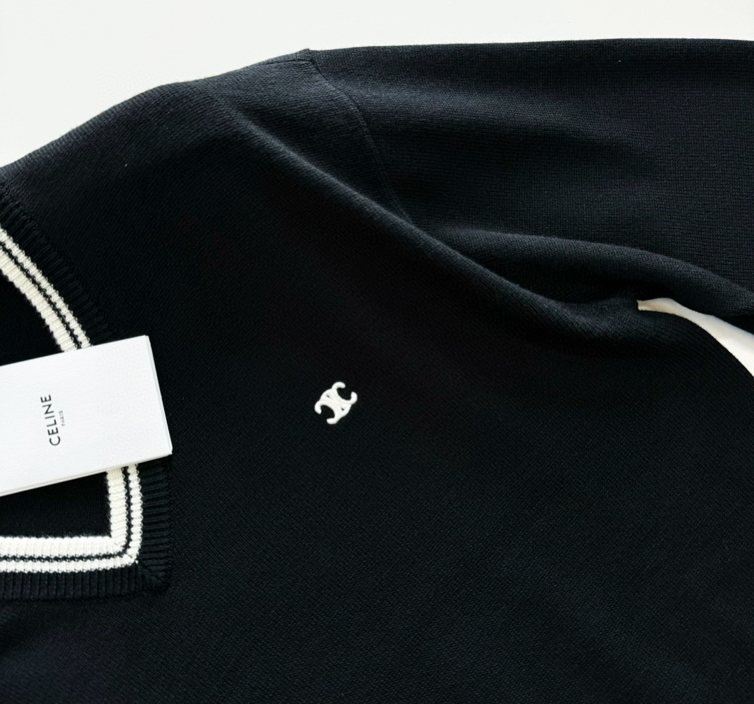 CELINE 赛琳 凯旋门刺绣V领套头毛衣 针织衫 长袖 黑色 B0 2ADBK823Y-38NO