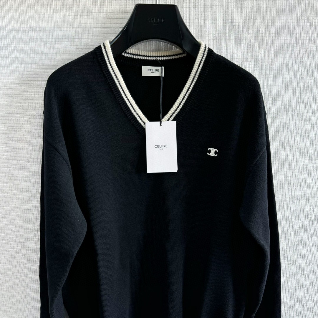 CELINE 赛琳 凯旋门刺绣V领套头毛衣 针织衫 长袖 黑色 B0 2ADBK823Y-38NO