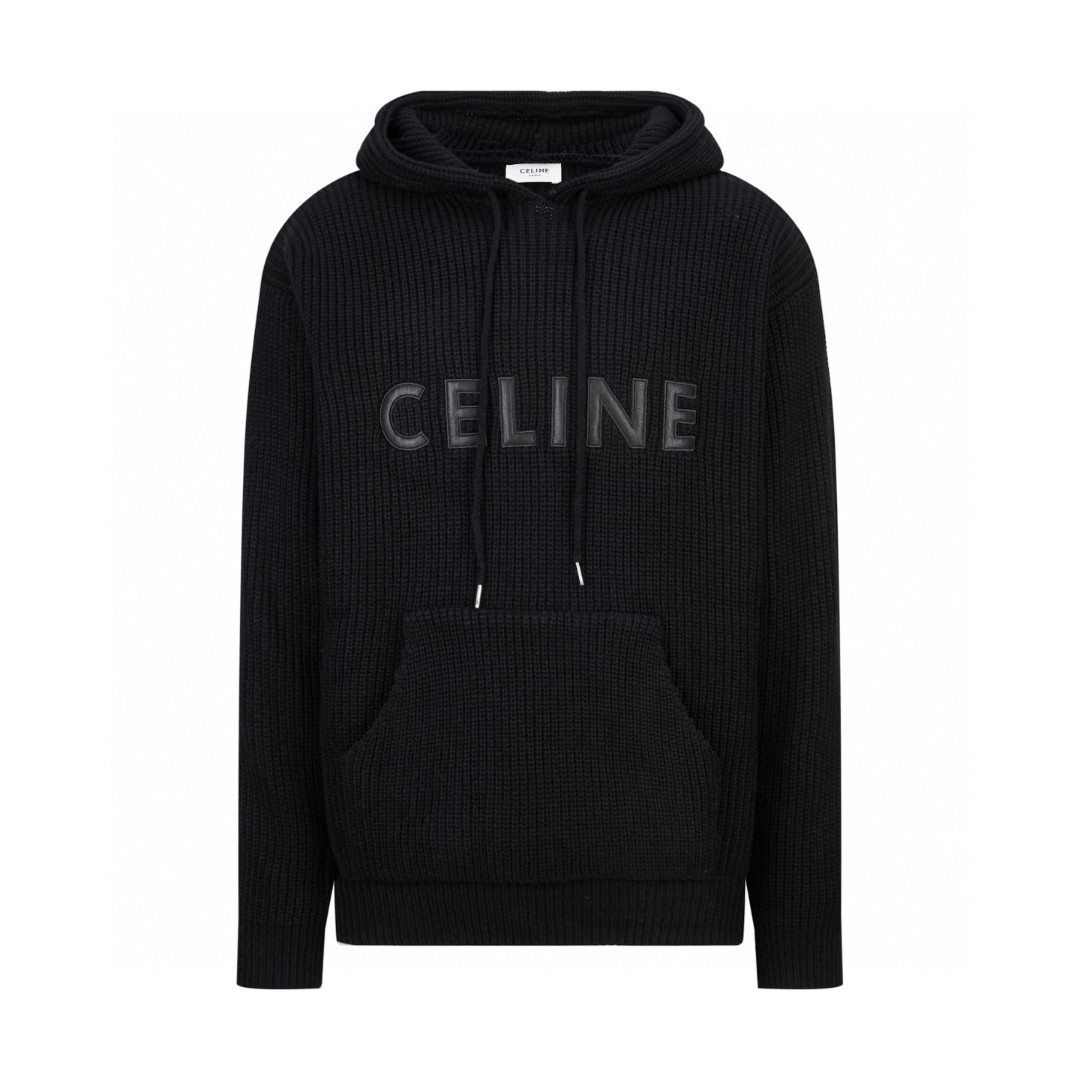 CELINE 赛琳 贴皮针织帽衫 连帽毛衣 卫衣 长袖 外套 黑色 B5 RY01K0ZPY-38NO
