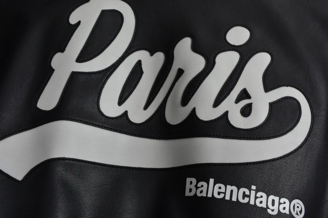 Balenciaga 巴黎世家 Paris字母logo皮衣棉服夹克 棒球服 外套 长袖 秋冬 黑色 D0