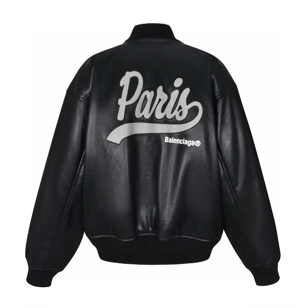 Balenciaga 巴黎世家 Paris字母logo皮衣棉服夹克 棒球服 外套 长袖 秋冬 黑色 D0