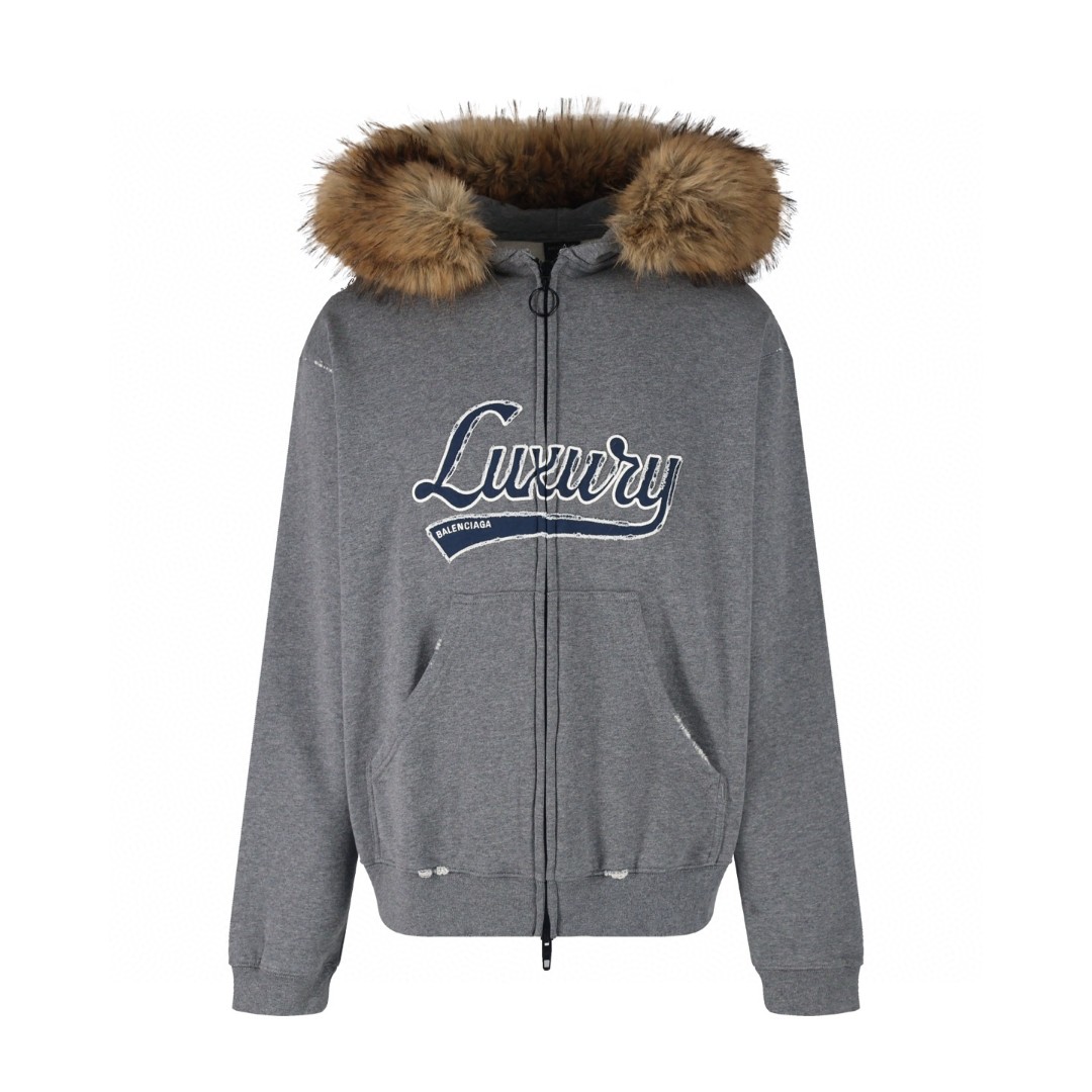 Balenciaga 巴黎世家 毛领拉链帽衫 卫衣 外套 长袖 灰色 C0 850330TTVB51035