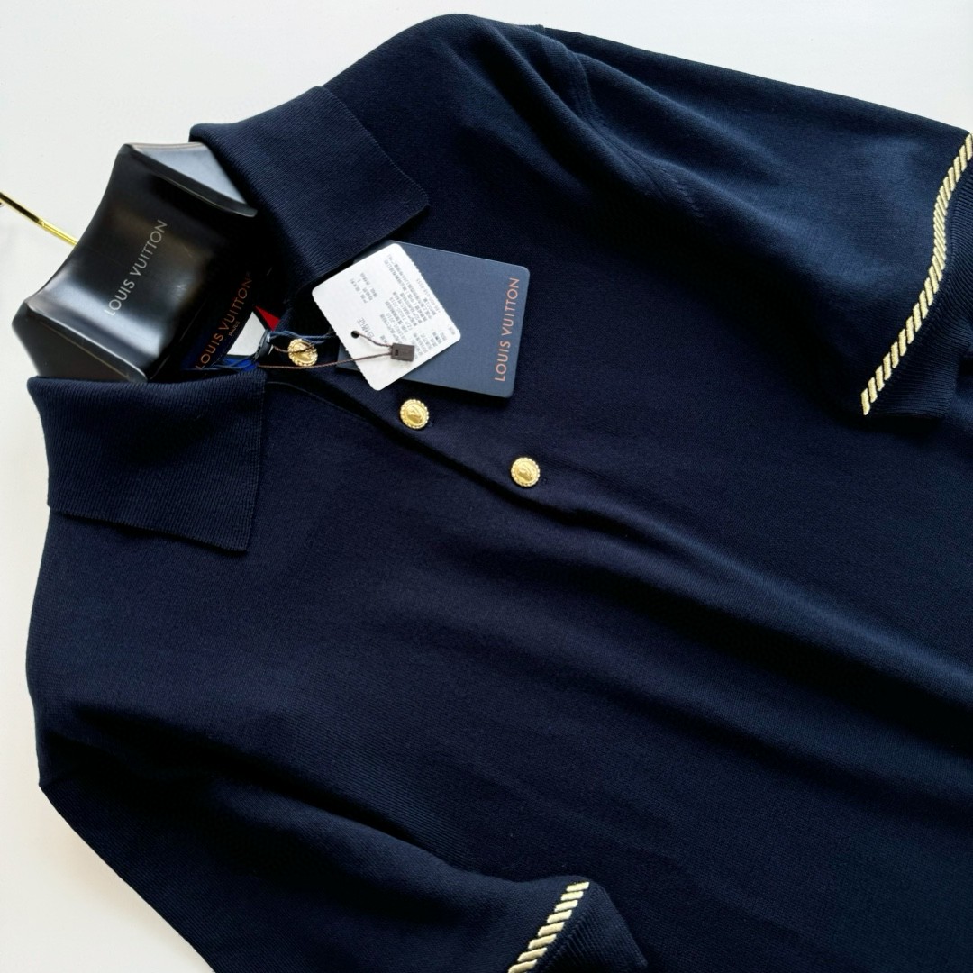 LOUIS VUITTON 路易威登 金线绣毛织Polo衫 T恤 短袖 深蓝色 A5 707274