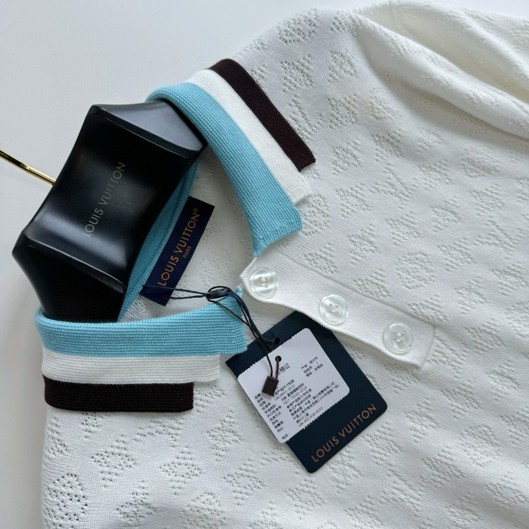LOUIS VUITTON 路易威登 镂空提花毛织Polo衫 T恤 短袖 白色 A5 1AFPYA