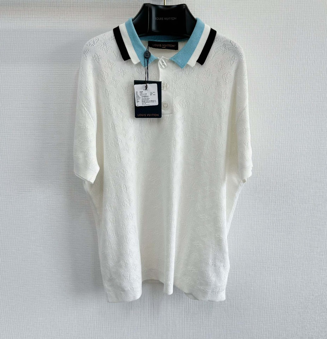 LOUIS VUITTON 路易威登 镂空提花毛织Polo衫 T恤 短袖 白色 A5 1AFPYA